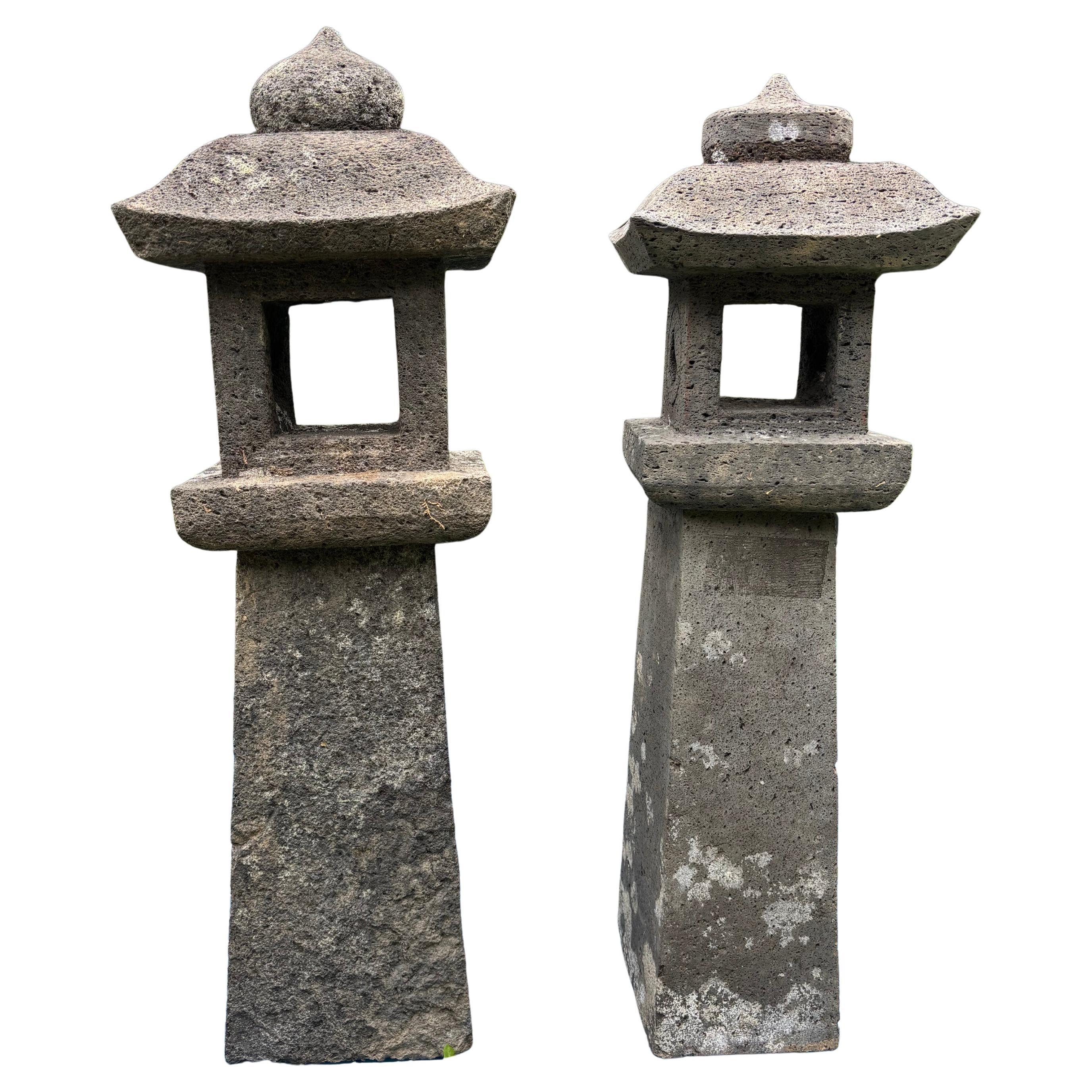 Grande paire de lanternes japonaises anciennes Sun and Moon Pathway, 36 pouces