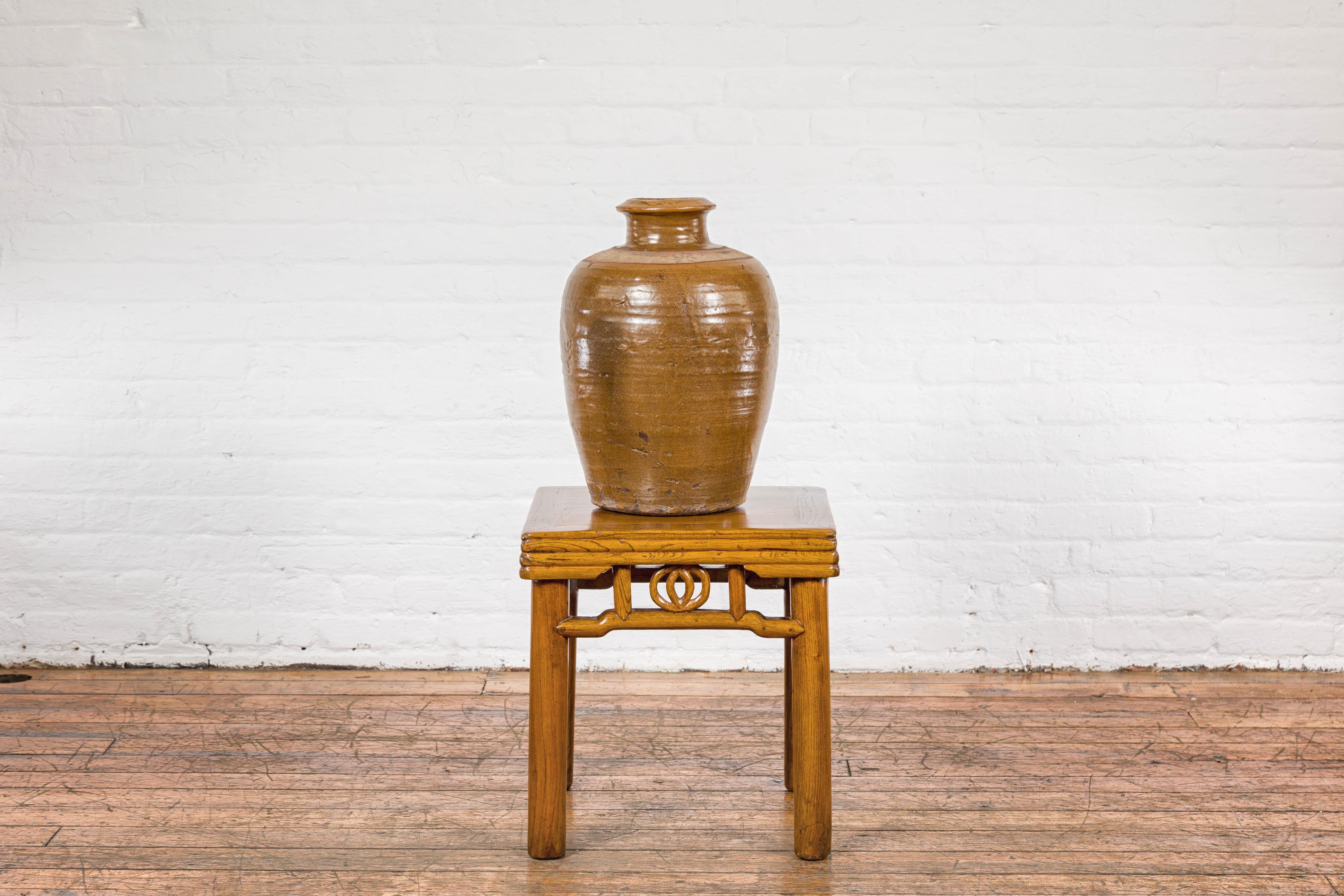 Glazed Japanese Tamba Tachikui Ware  Brown Glaze Vase with Discreet Calligraphy For Sale