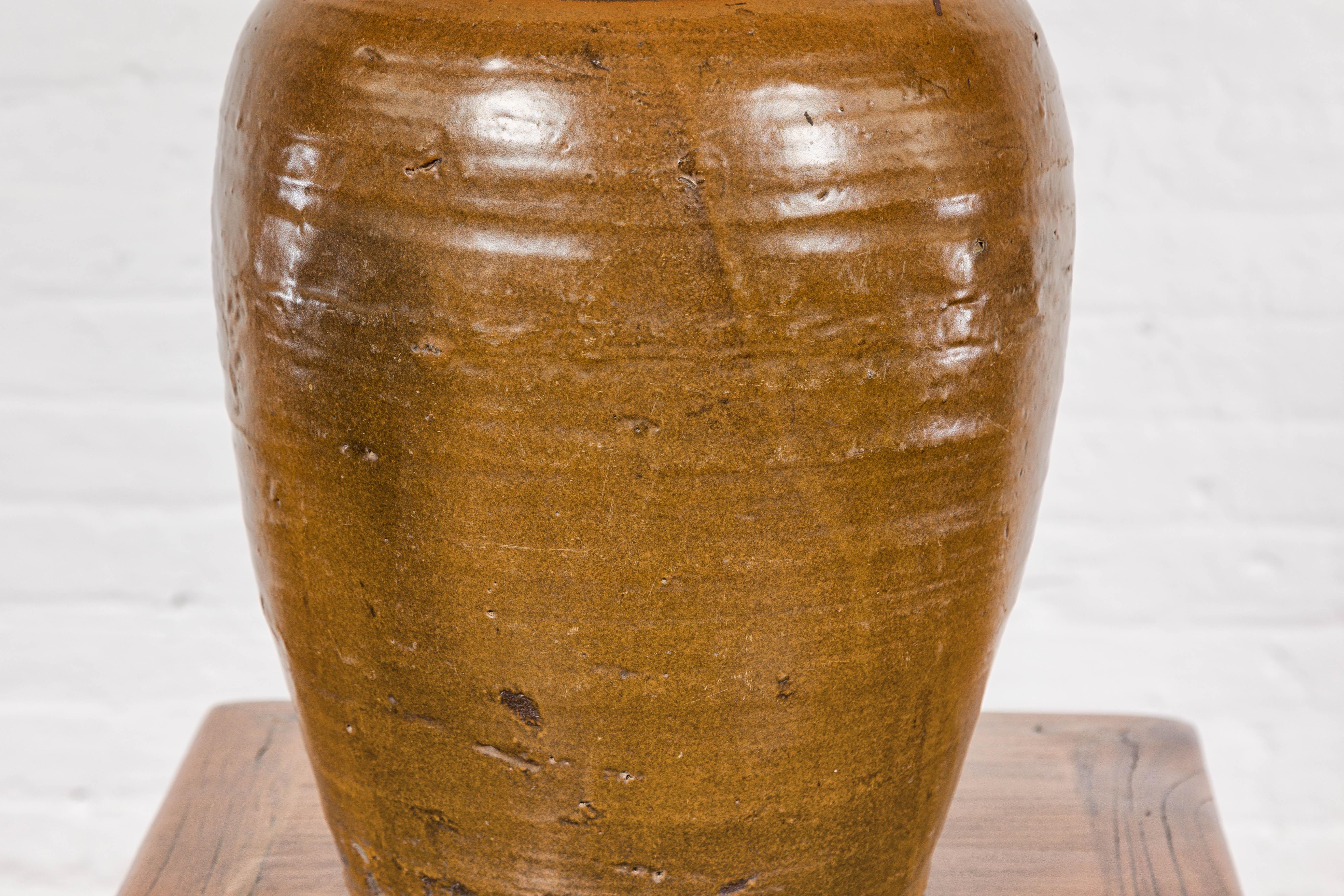 Ceramic Japanese Tamba Tachikui Ware  Brown Glaze Vase with Discreet Calligraphy For Sale