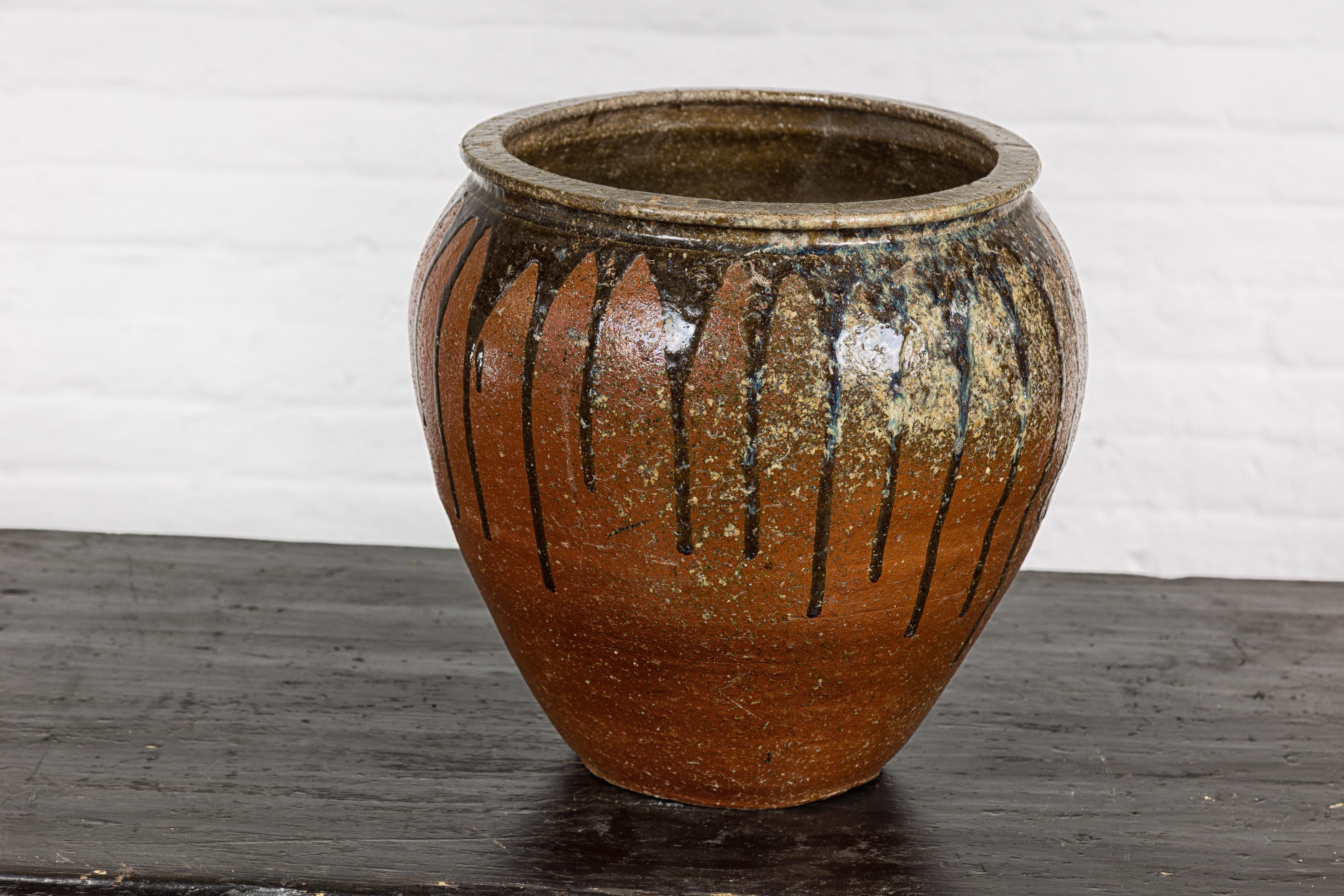 Japanese Tamba Ware Brown Glazed Ceramic Salt Pot Planter with Dripping 5
