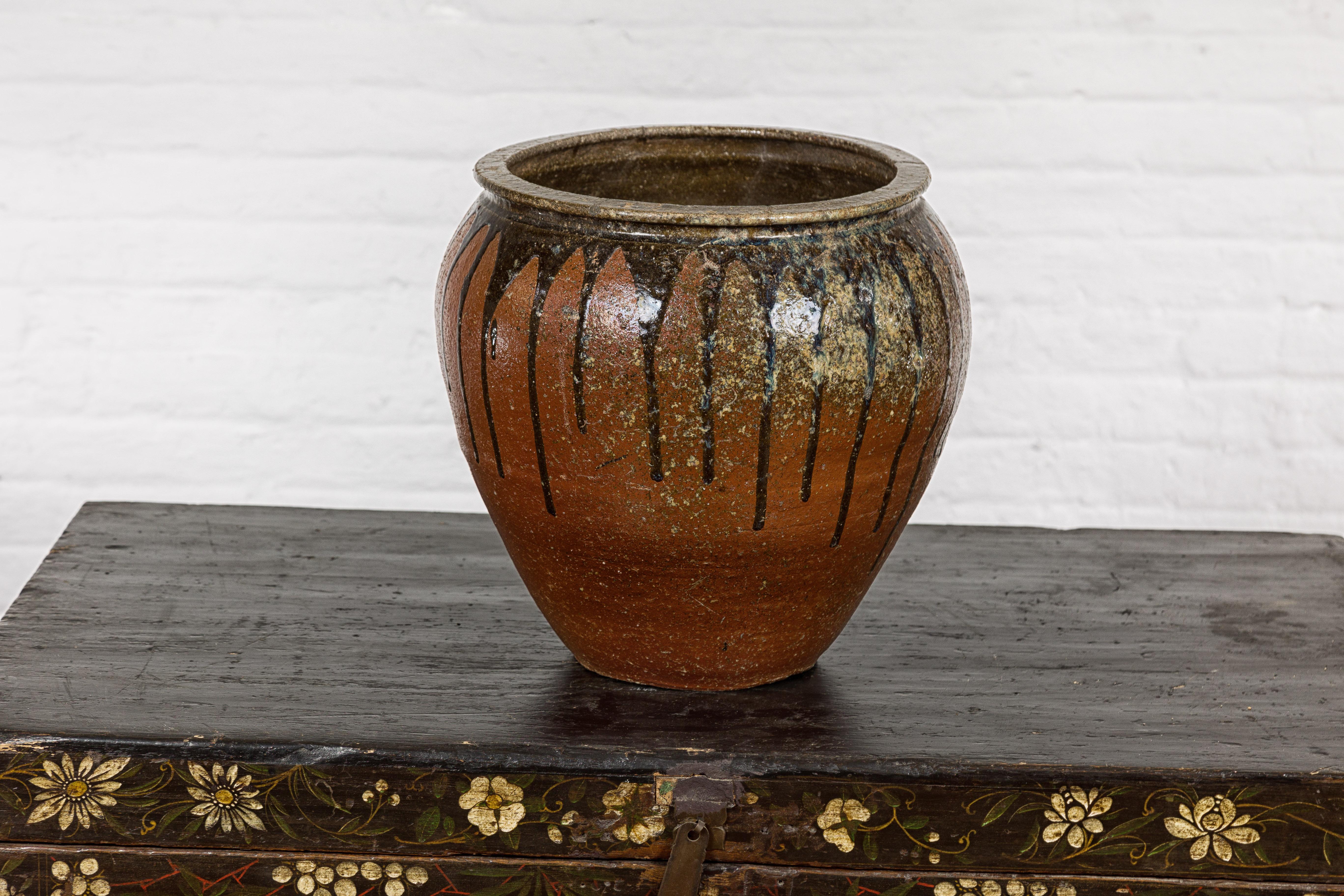 Japanese Tamba Ware Brown Glazed Ceramic Salt Pot Planter with Dripping For Sale 6