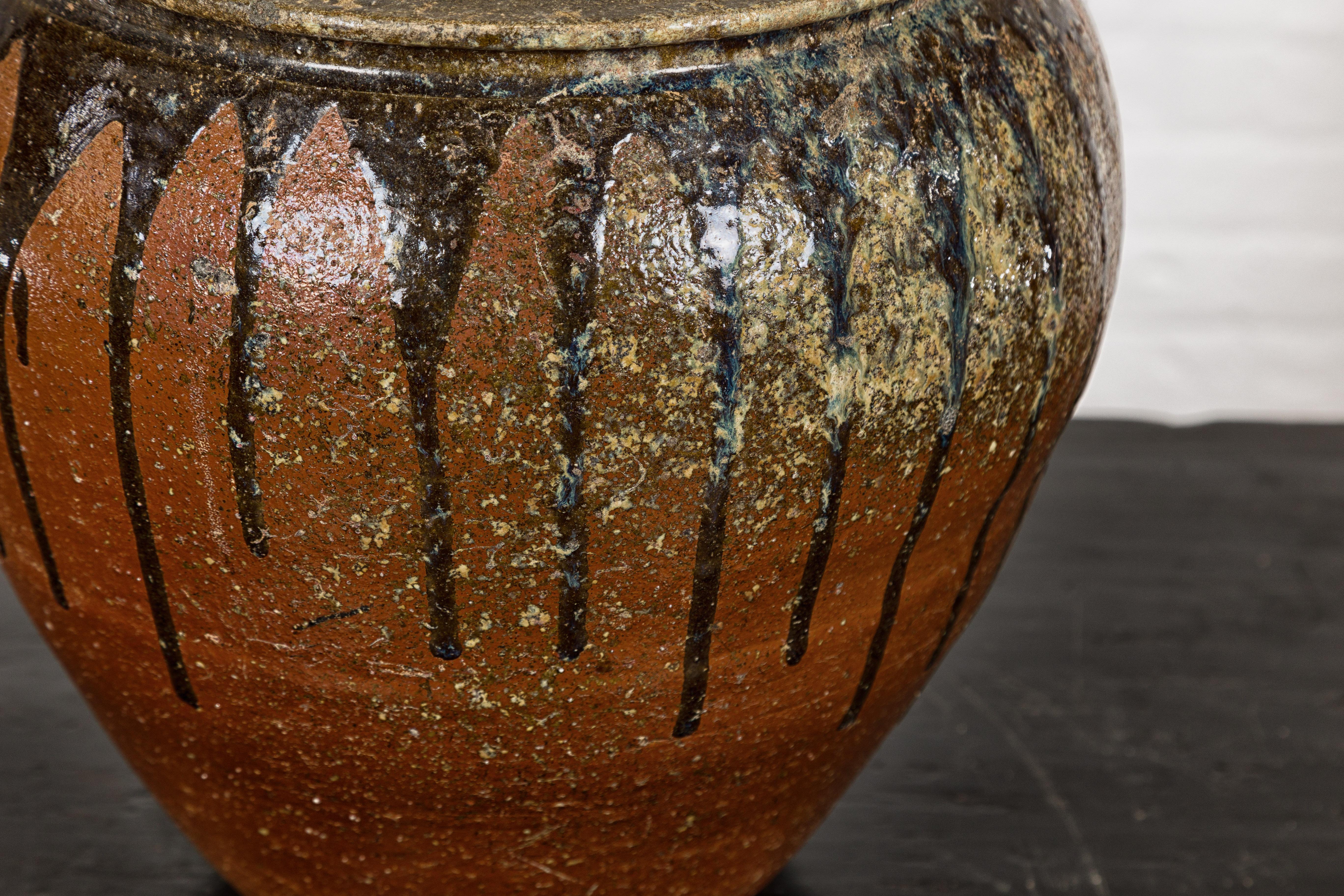 Japanese Tamba Ware Brown Glazed Ceramic Salt Pot Planter with Dripping 7