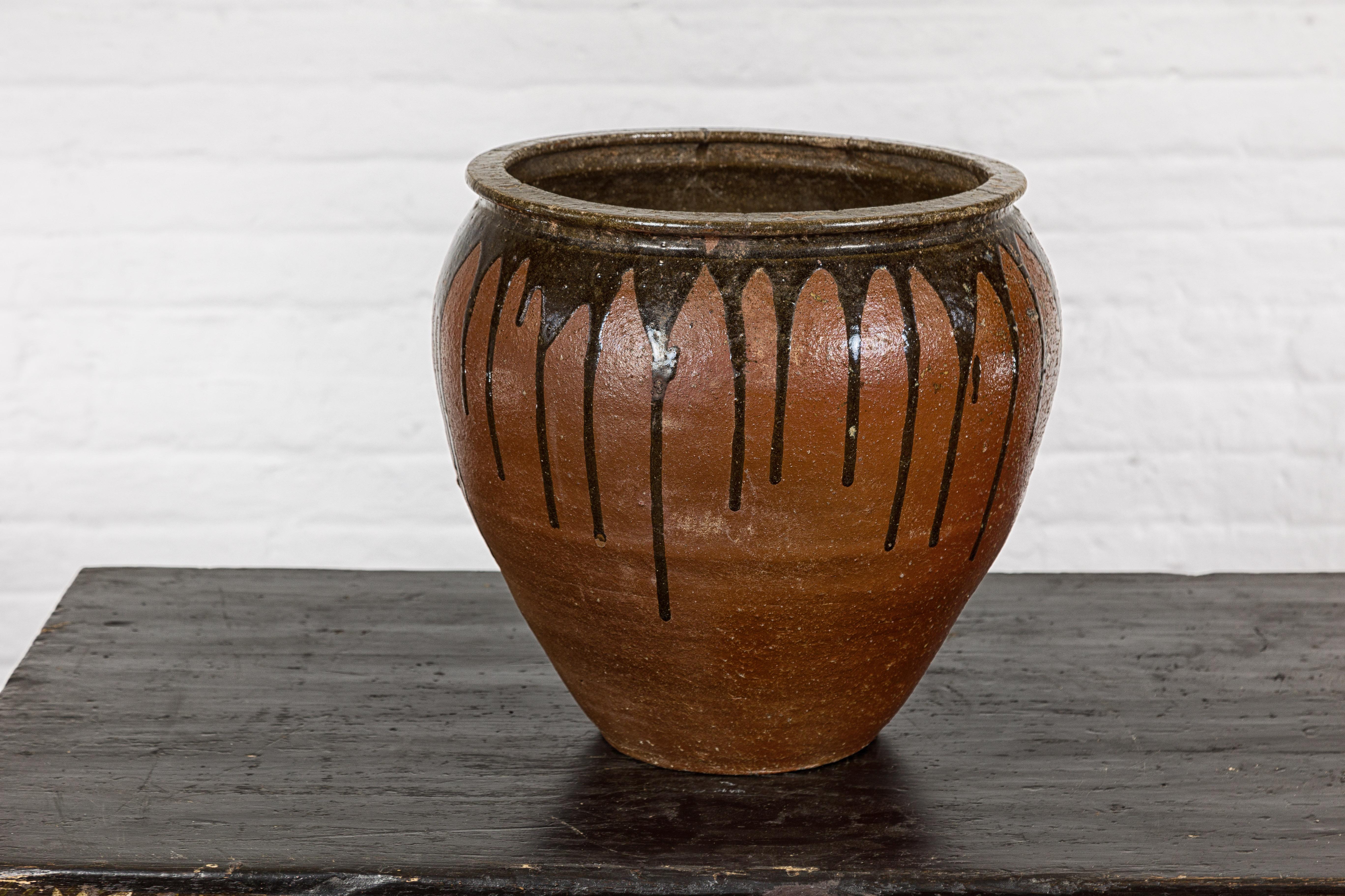 Japanese Tamba Ware Brown Glazed Ceramic Salt Pot Planter with Dripping 8