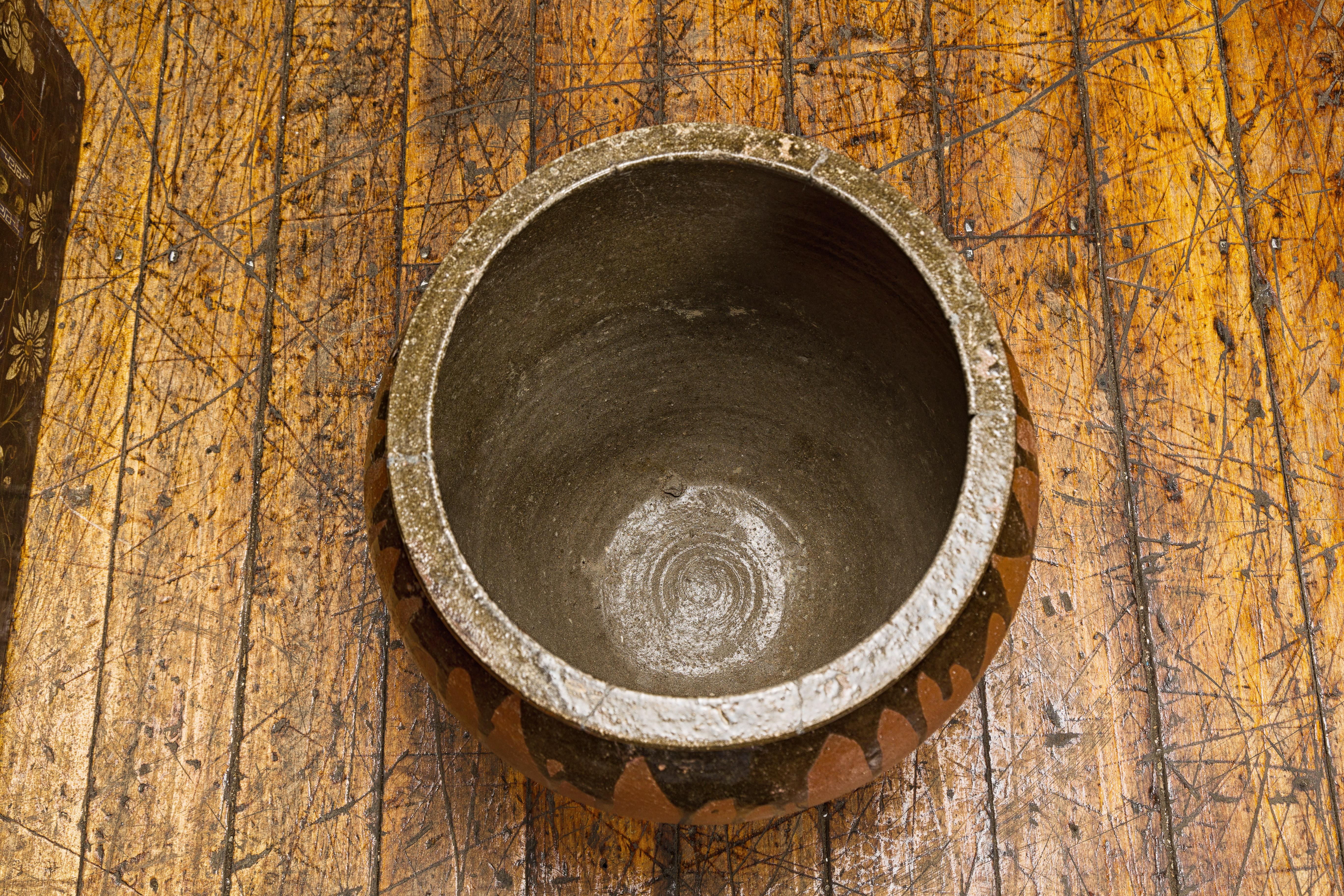 Japanese Tamba Ware Brown Glazed Ceramic Salt Pot Planter with Dripping For Sale 9