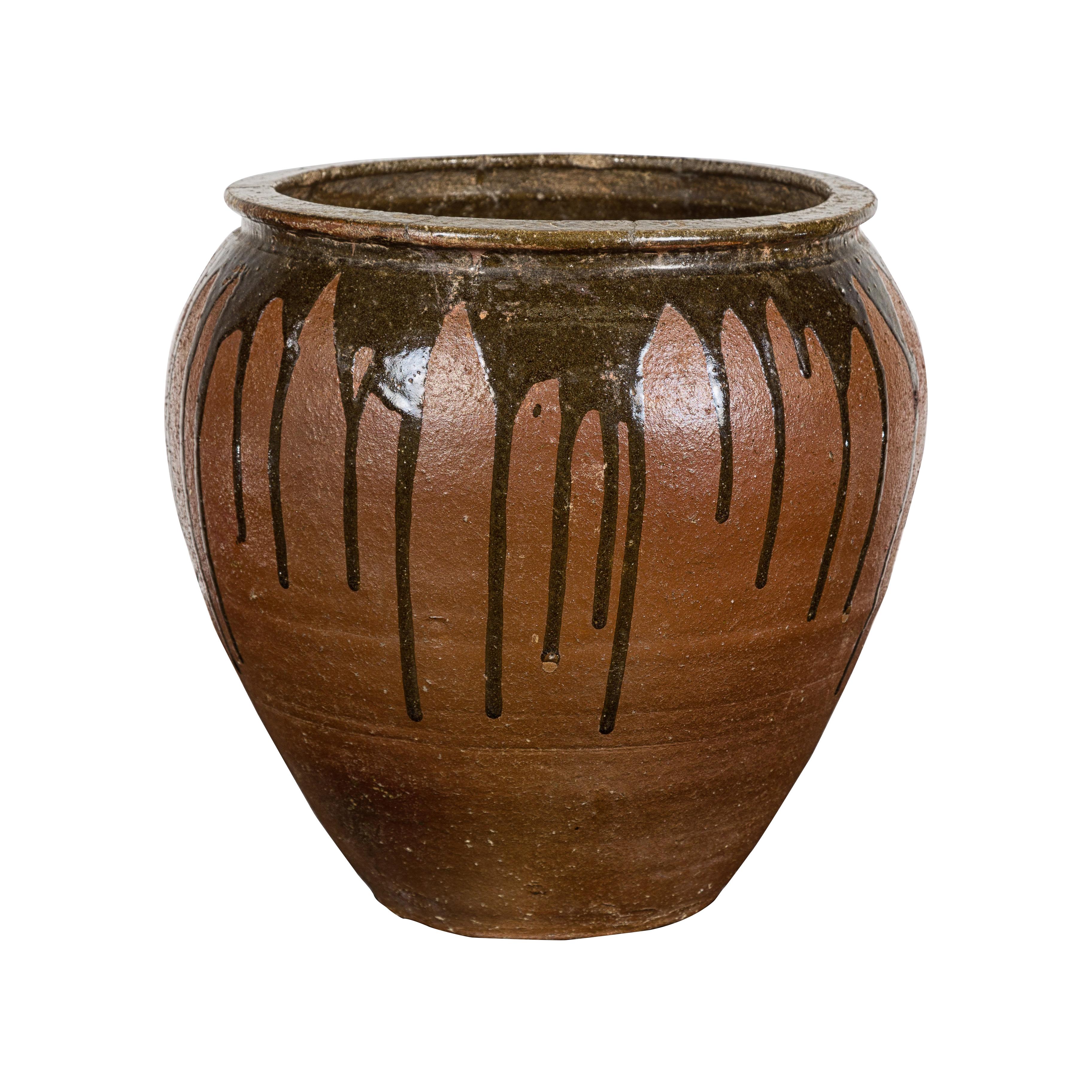 Japanese Tamba Ware Brown Glazed Ceramic Salt Pot Planter with Dripping For Sale 11