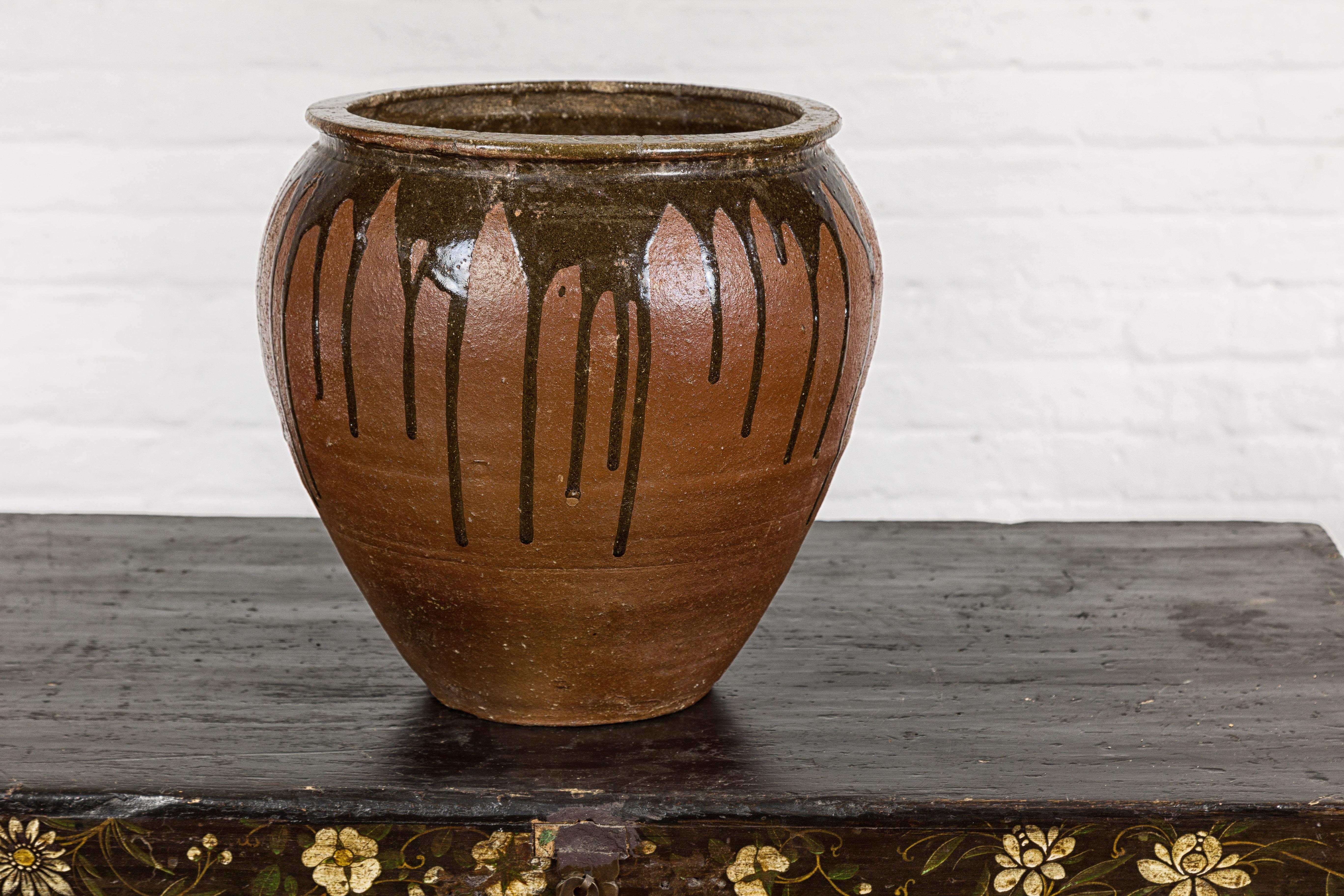 Japanese Tamba Ware Brown Glazed Ceramic Salt Pot Planter with Dripping In Good Condition In Yonkers, NY