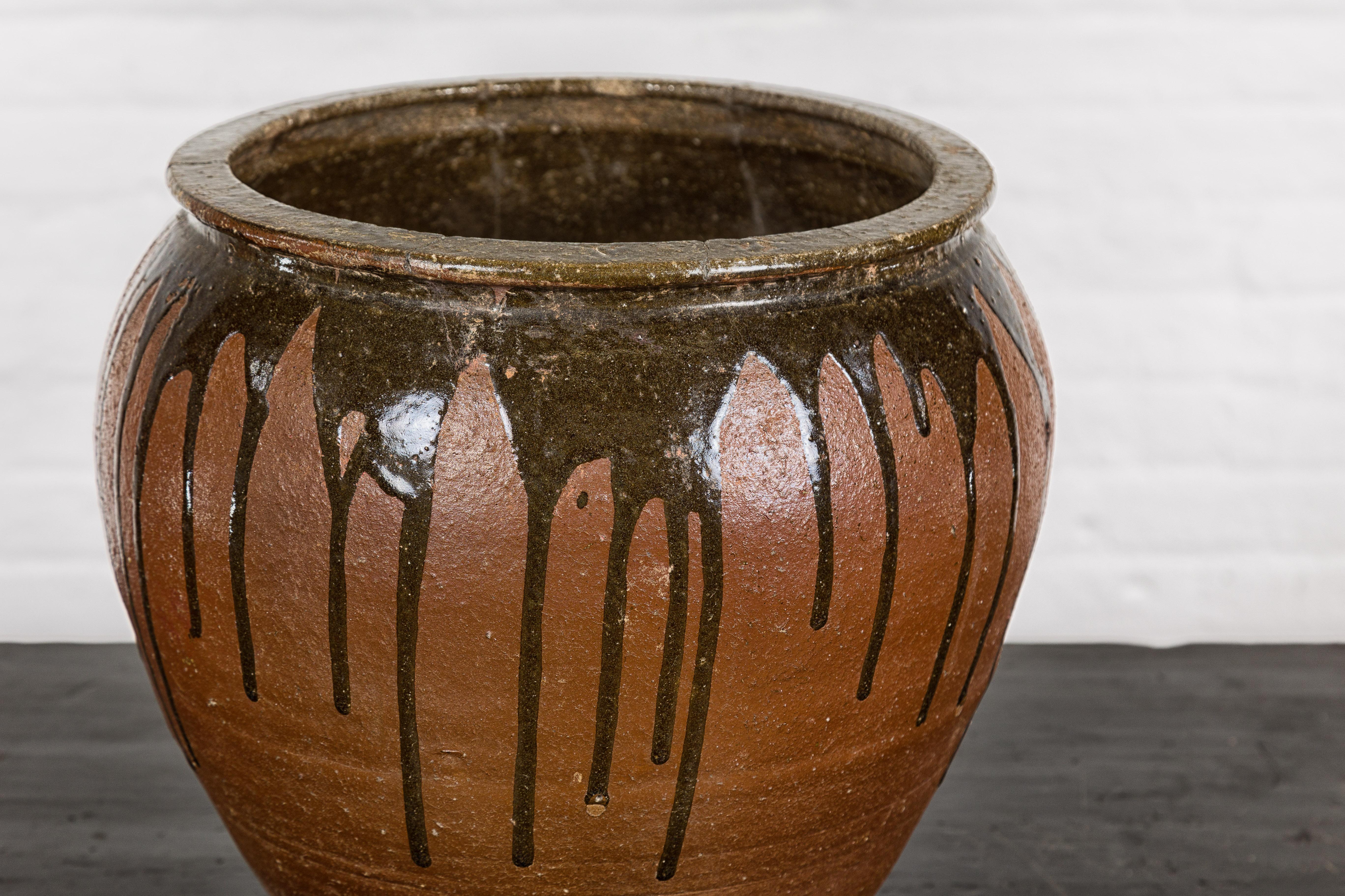 20th Century Japanese Tamba Ware Brown Glazed Ceramic Salt Pot Planter with Dripping For Sale