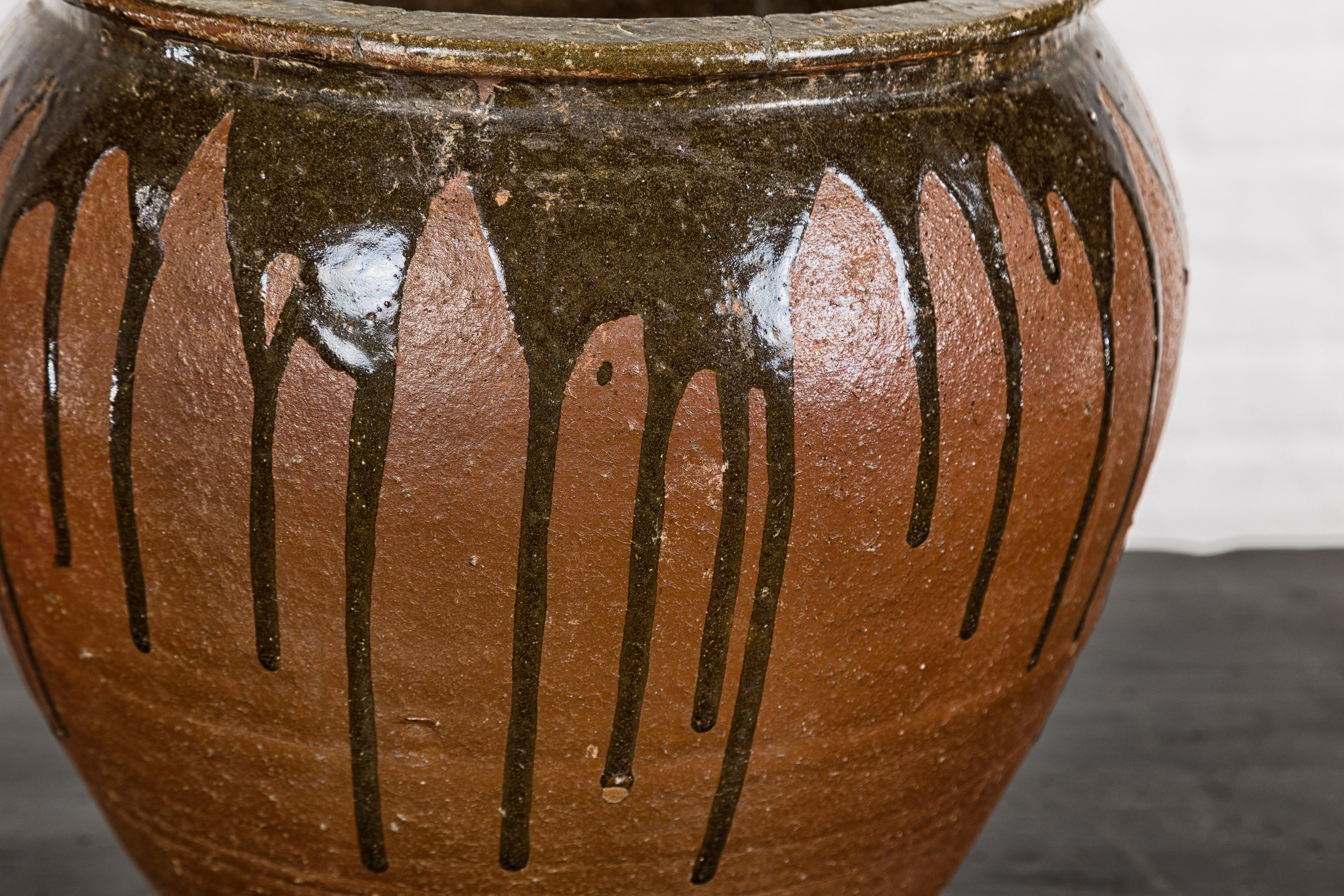 Japanese Tamba Ware Brown Glazed Ceramic Salt Pot Planter with Dripping For Sale 1