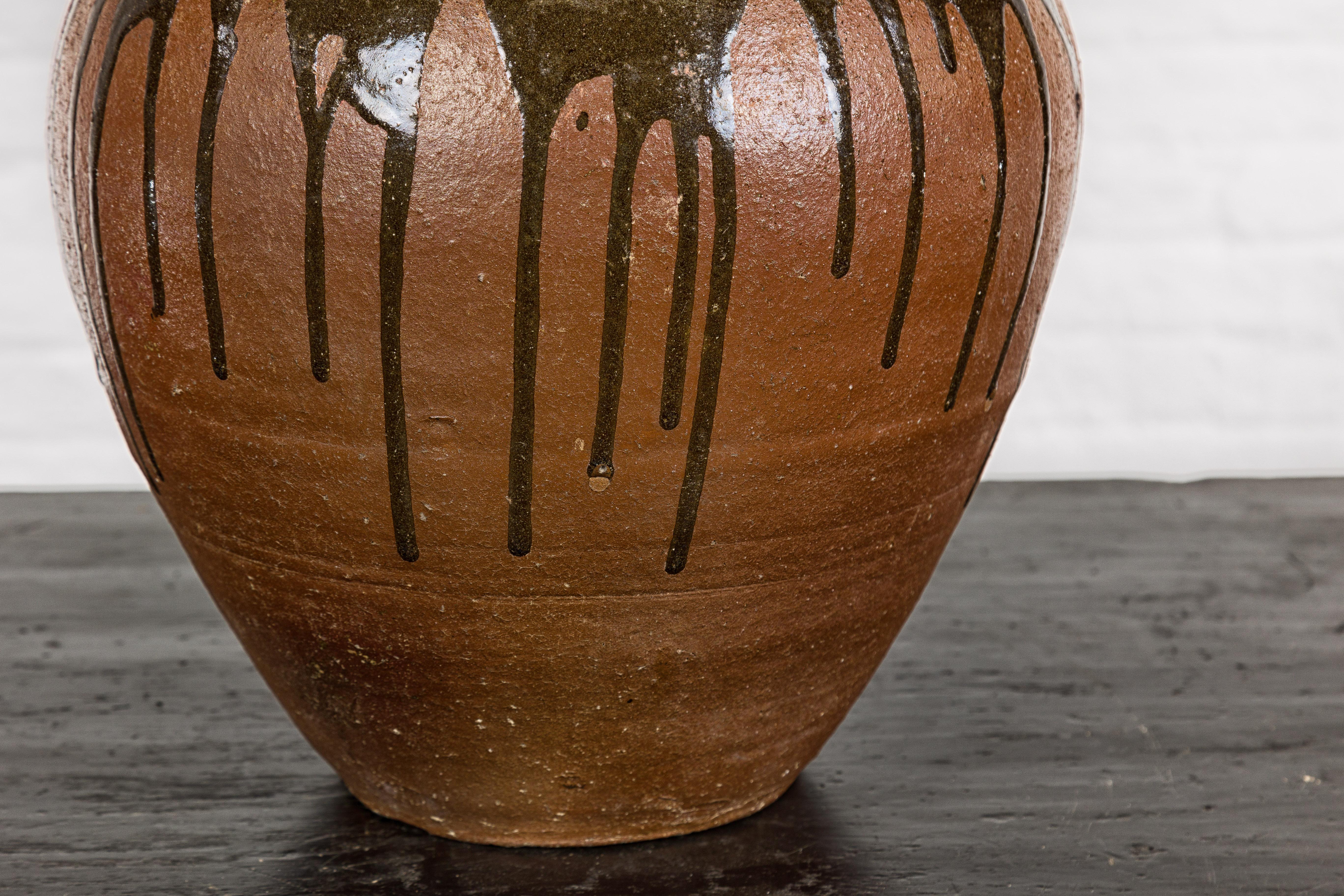 Japanese Tamba Ware Brown Glazed Ceramic Salt Pot Planter with Dripping 2