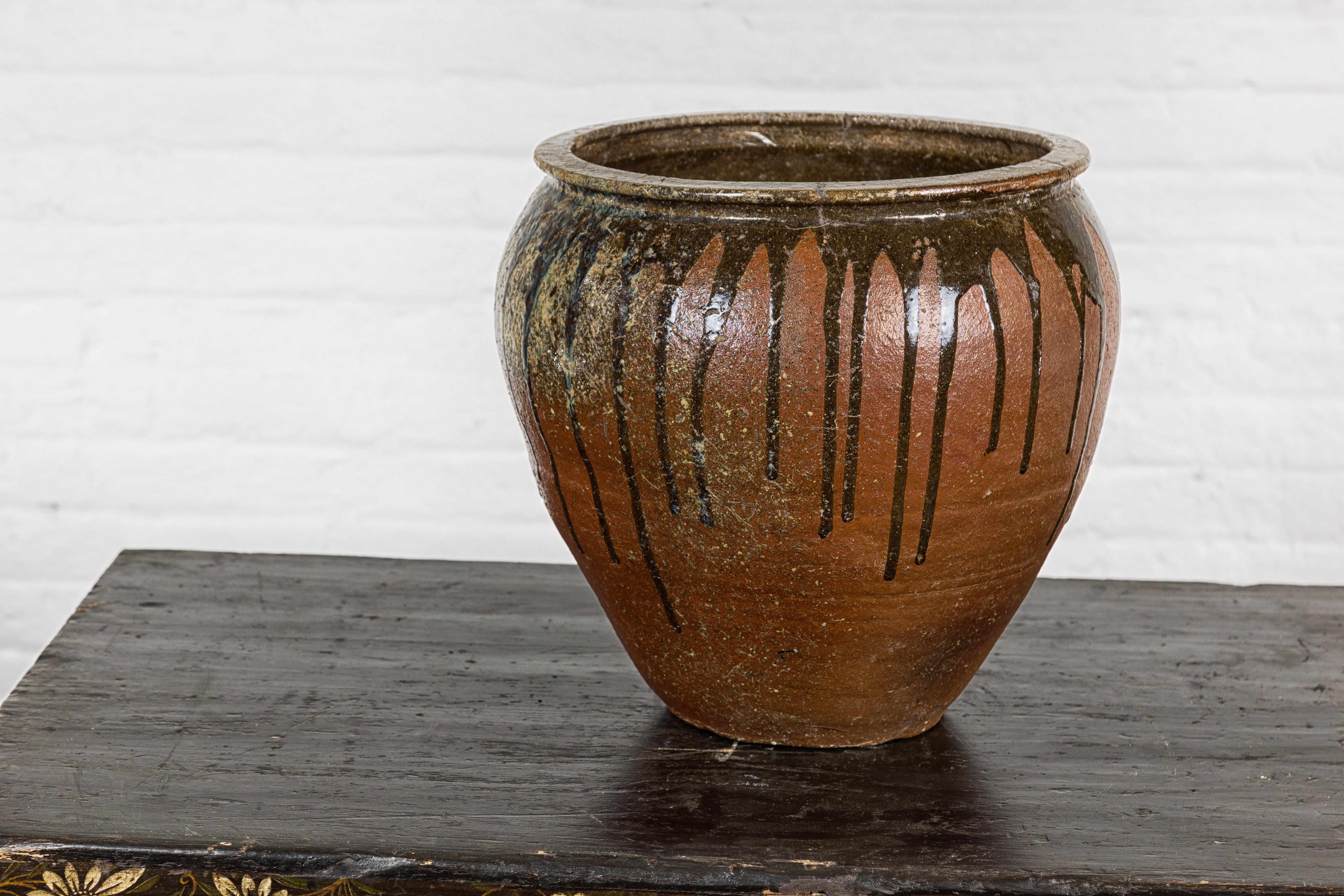 Japanese Tamba Ware Brown Glazed Ceramic Salt Pot Planter with Dripping 4