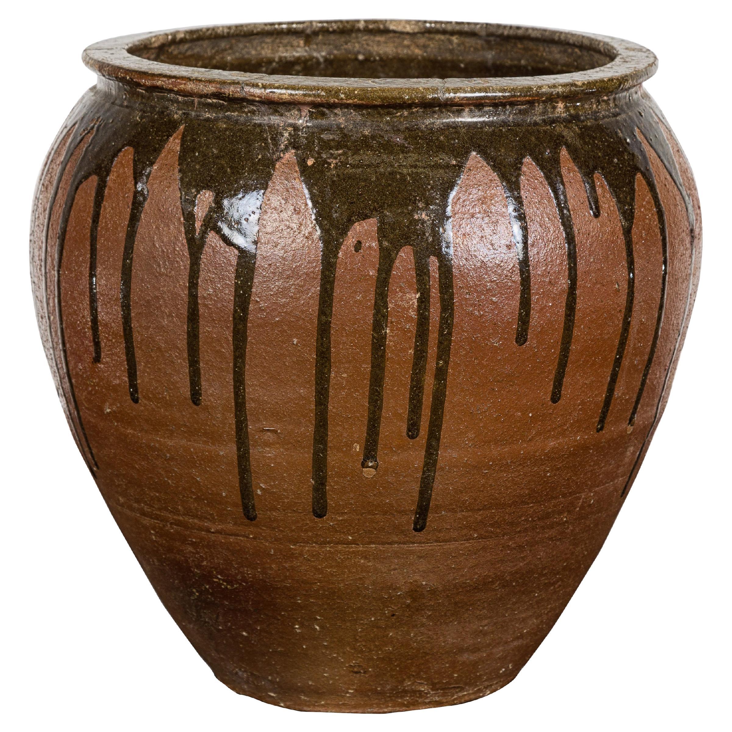 Japanese Tamba Ware Brown Glazed Ceramic Salt Pot Planter with Dripping For Sale