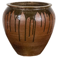 Used Japanese Tamba Ware Brown Glazed Ceramic Salt Pot Planter with Dripping