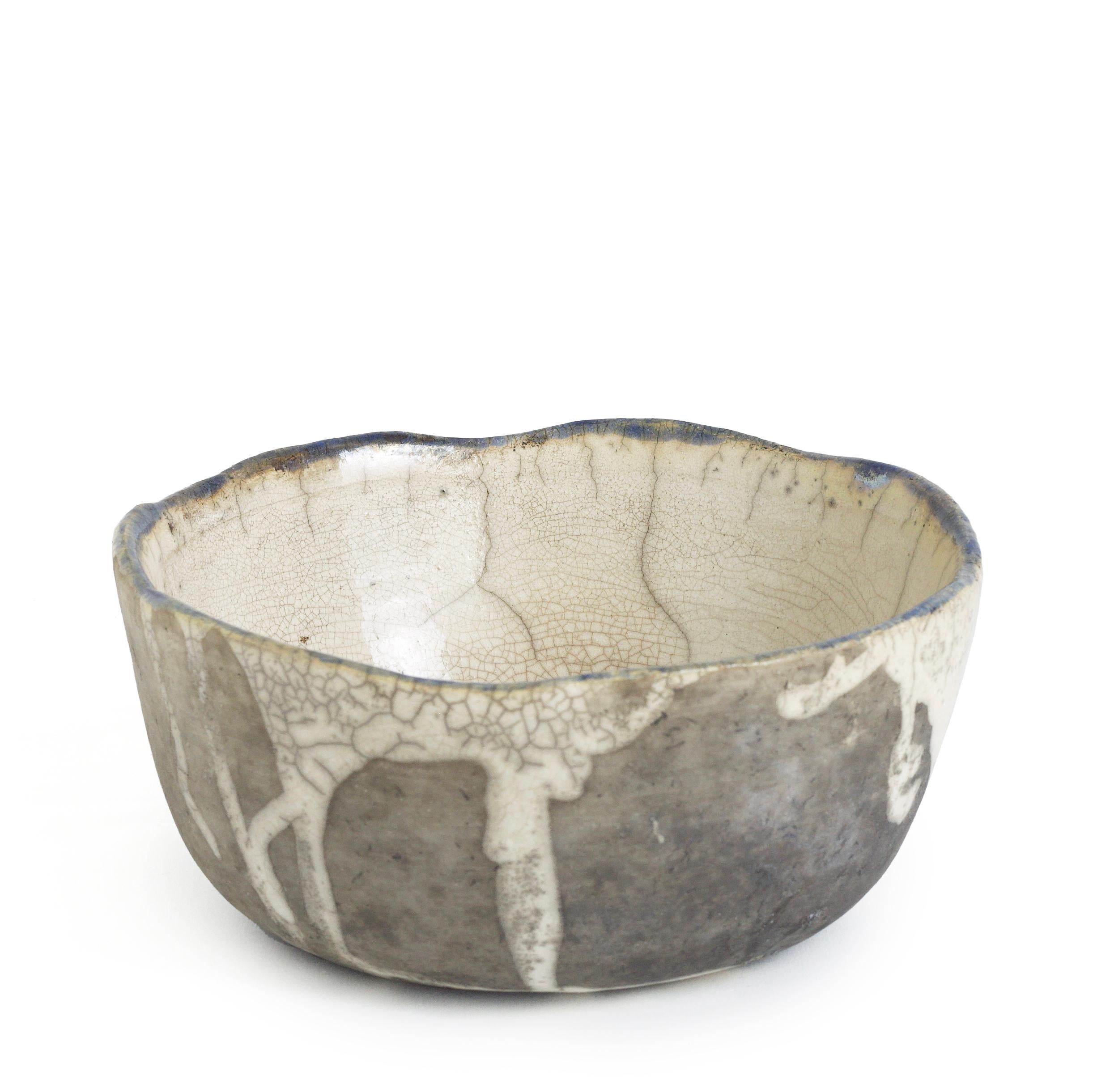 Modern Japanese Tanoa Large Bowl Raku White and Black Ceramic For Sale