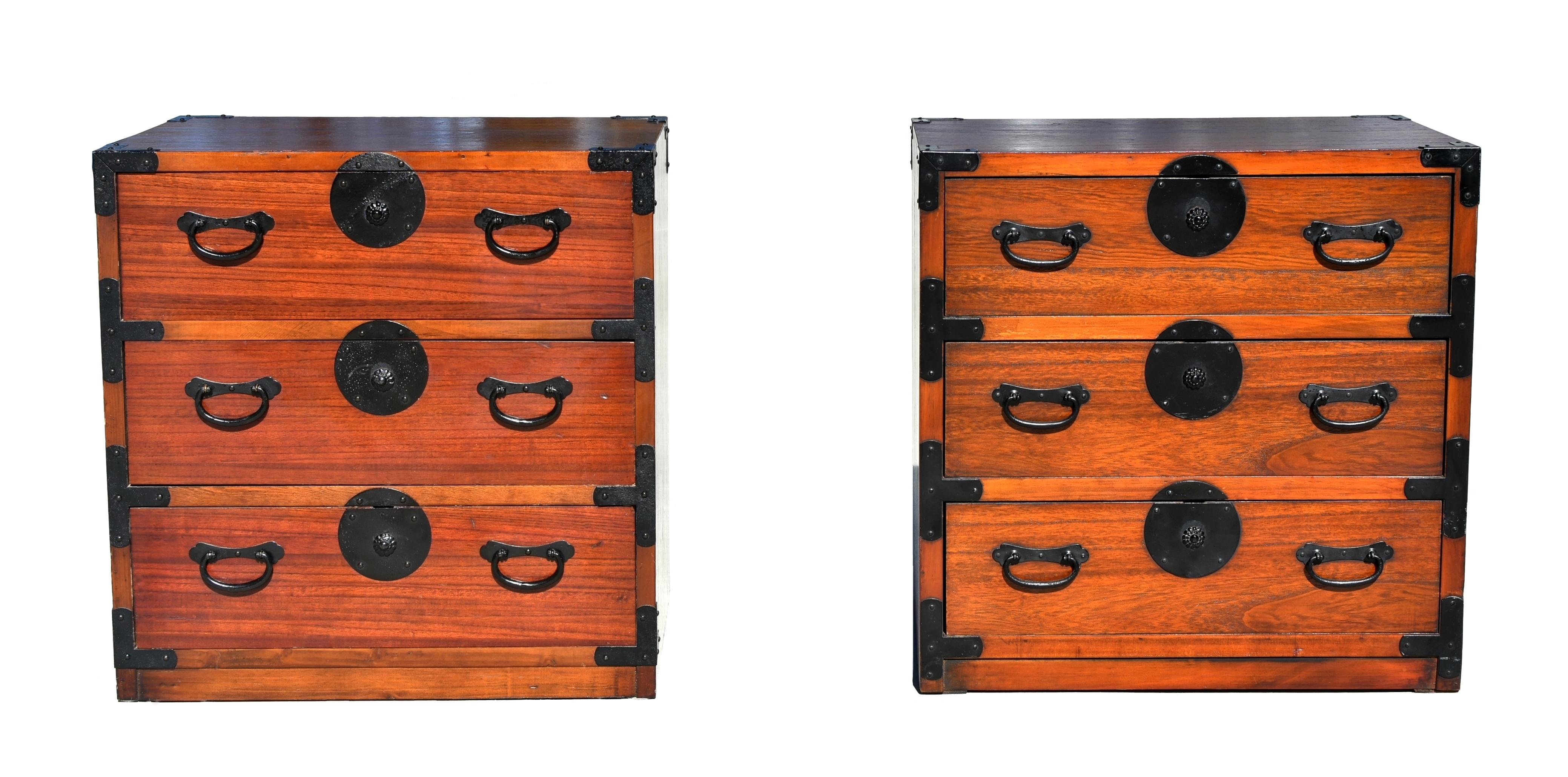 Wood Japanese Tansu Chests Night Stands Set of Two