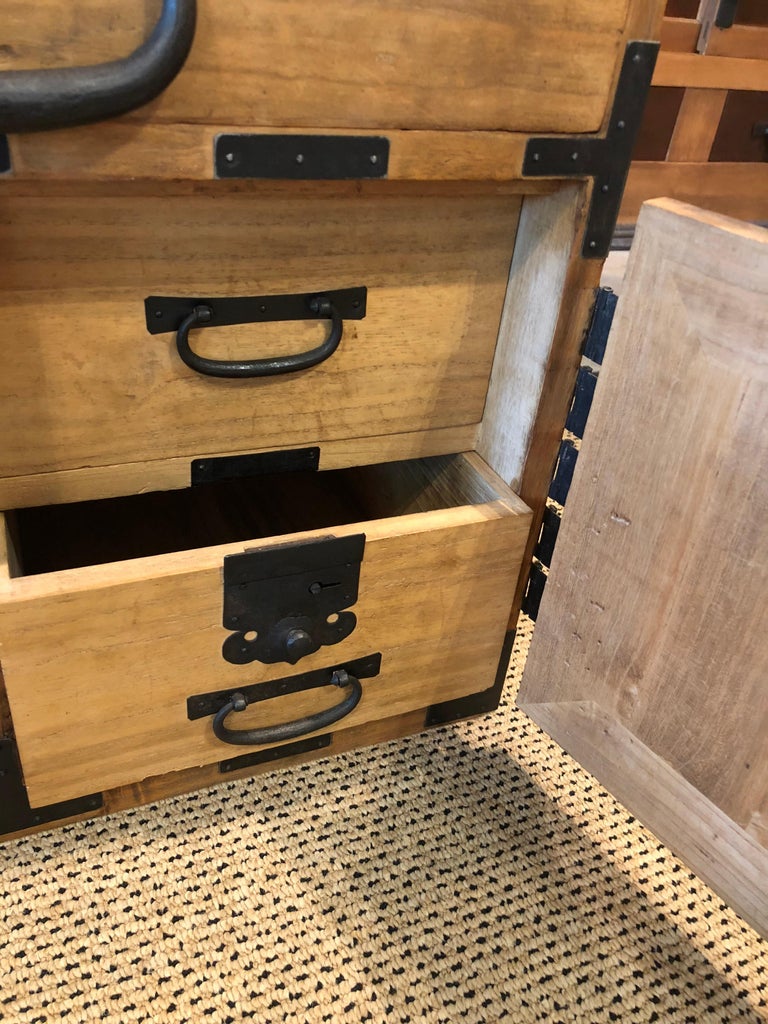 Japanese Tansu Light Wood Kiri Black Hardware Chest Side Table Bedside