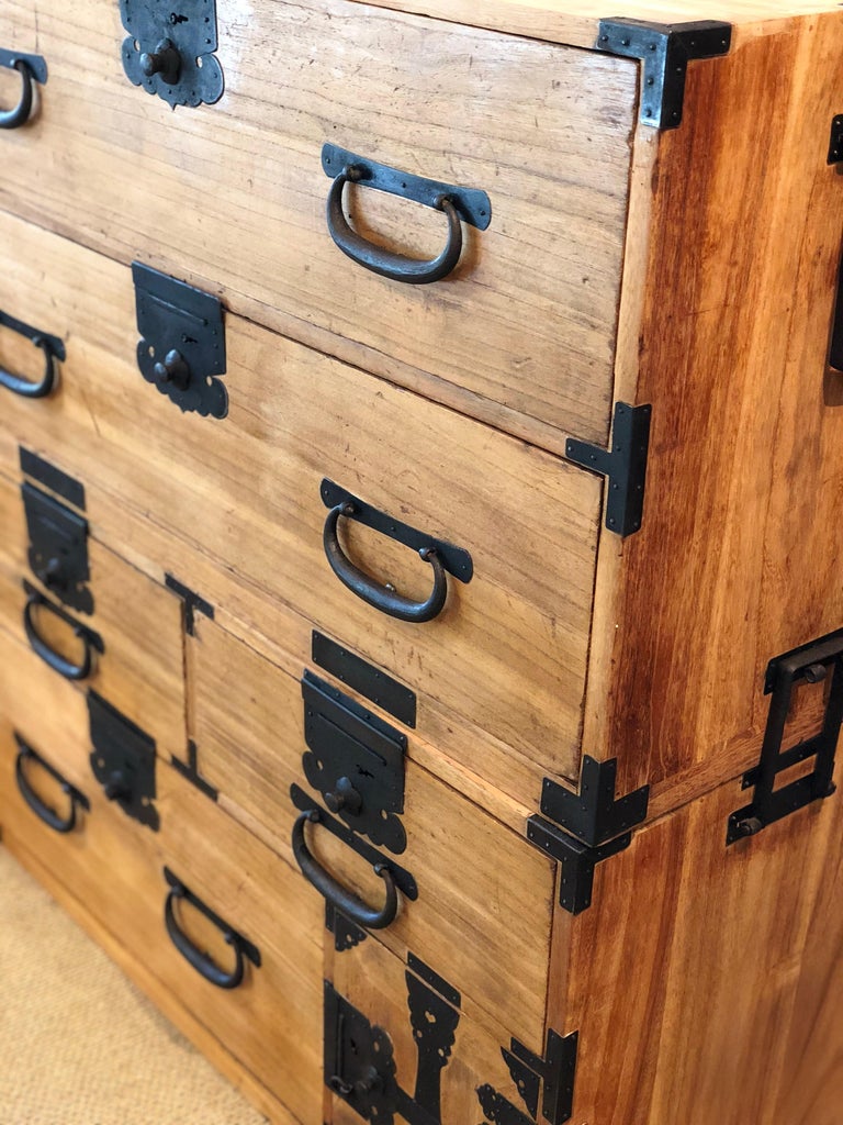 Japanese Tansu Light Wood Kiri Black Hardware Chest Side Table Bedside