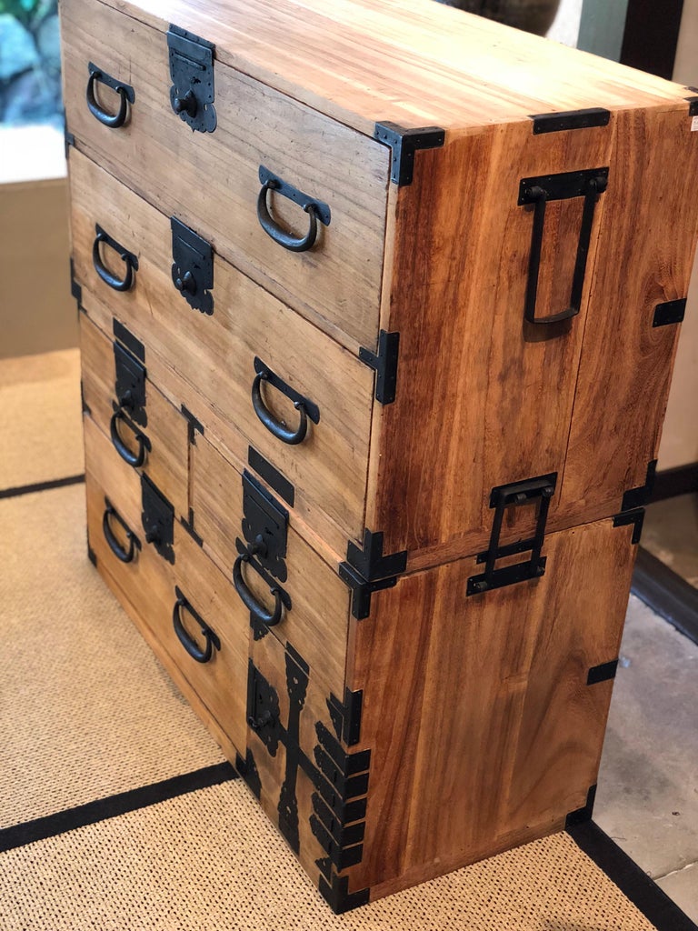 Japanese Tansu Light Wood Kiri Black Hardware Chest Side Table Bedside