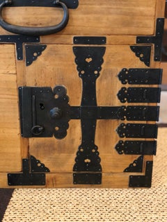 Japanese Tansu Light Wood Kiri Black Hardware Chest Side Table Bedside Table