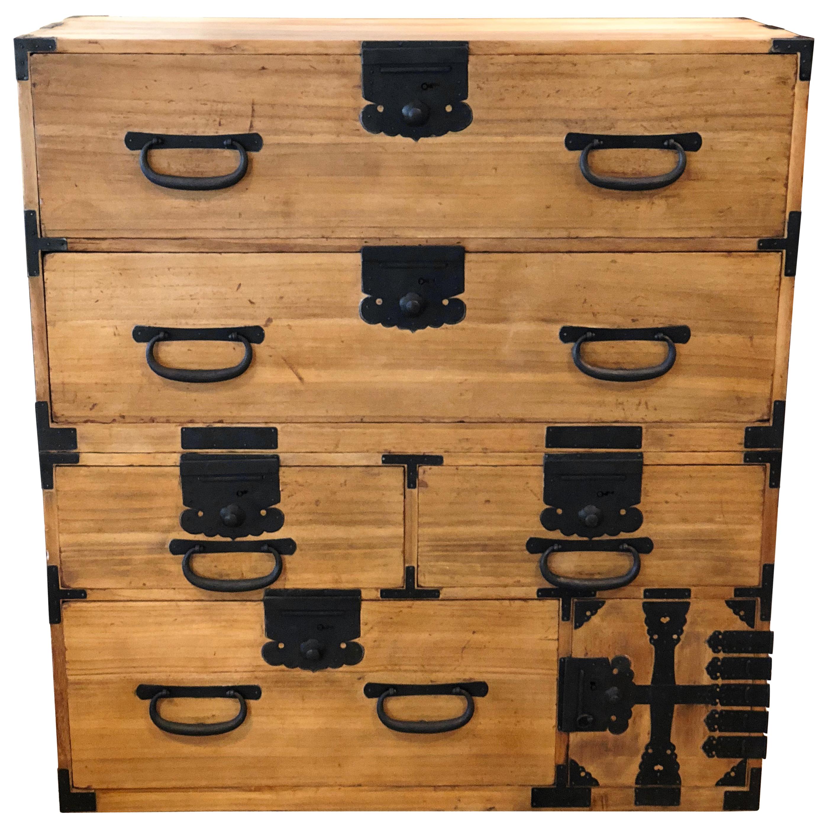 Japanese Tansu Light Wood Kiri Black Hardware Chest Side Table Bedside