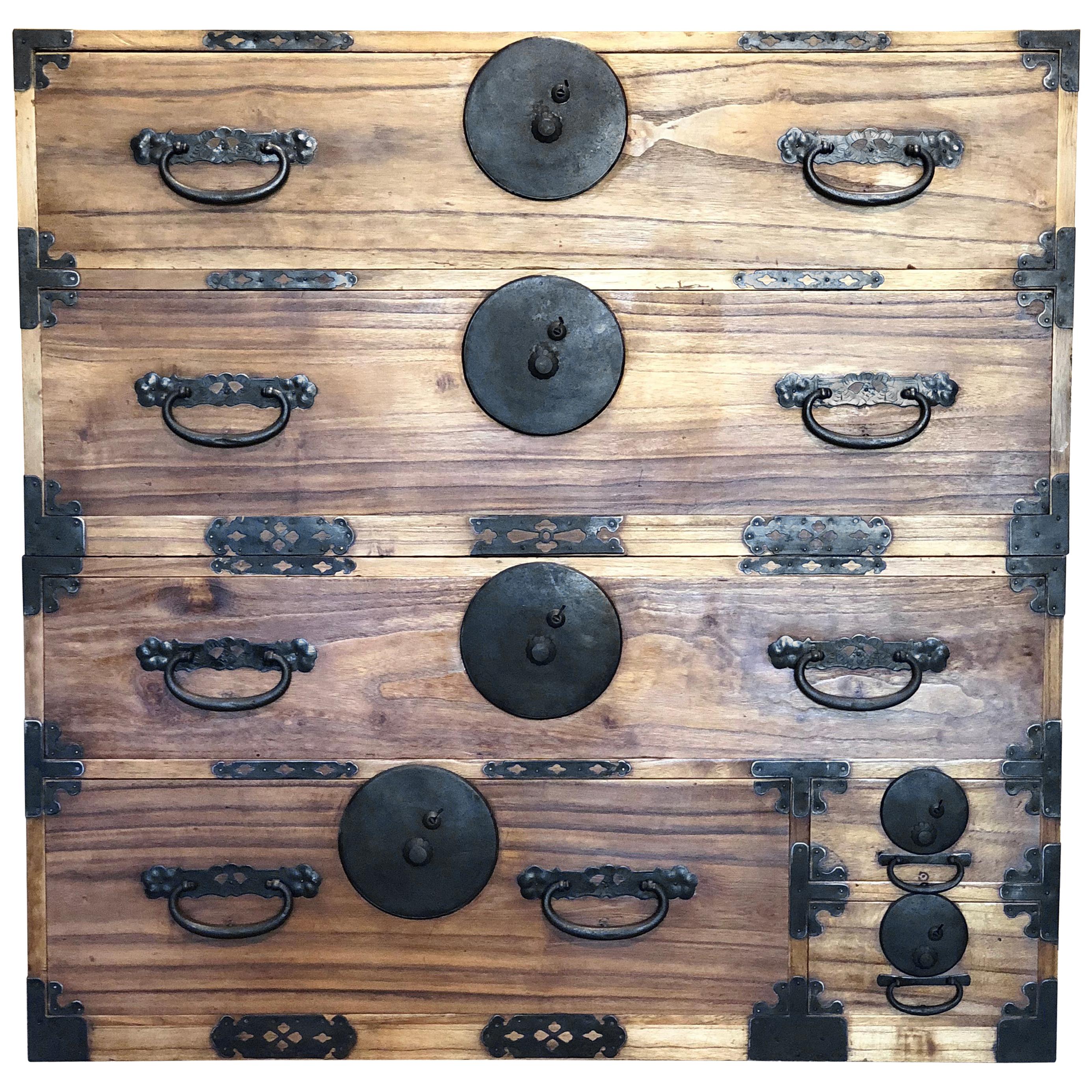 Japanese Tansu Light Wood Kiri Iron Hardware Chest Side Table Bedside