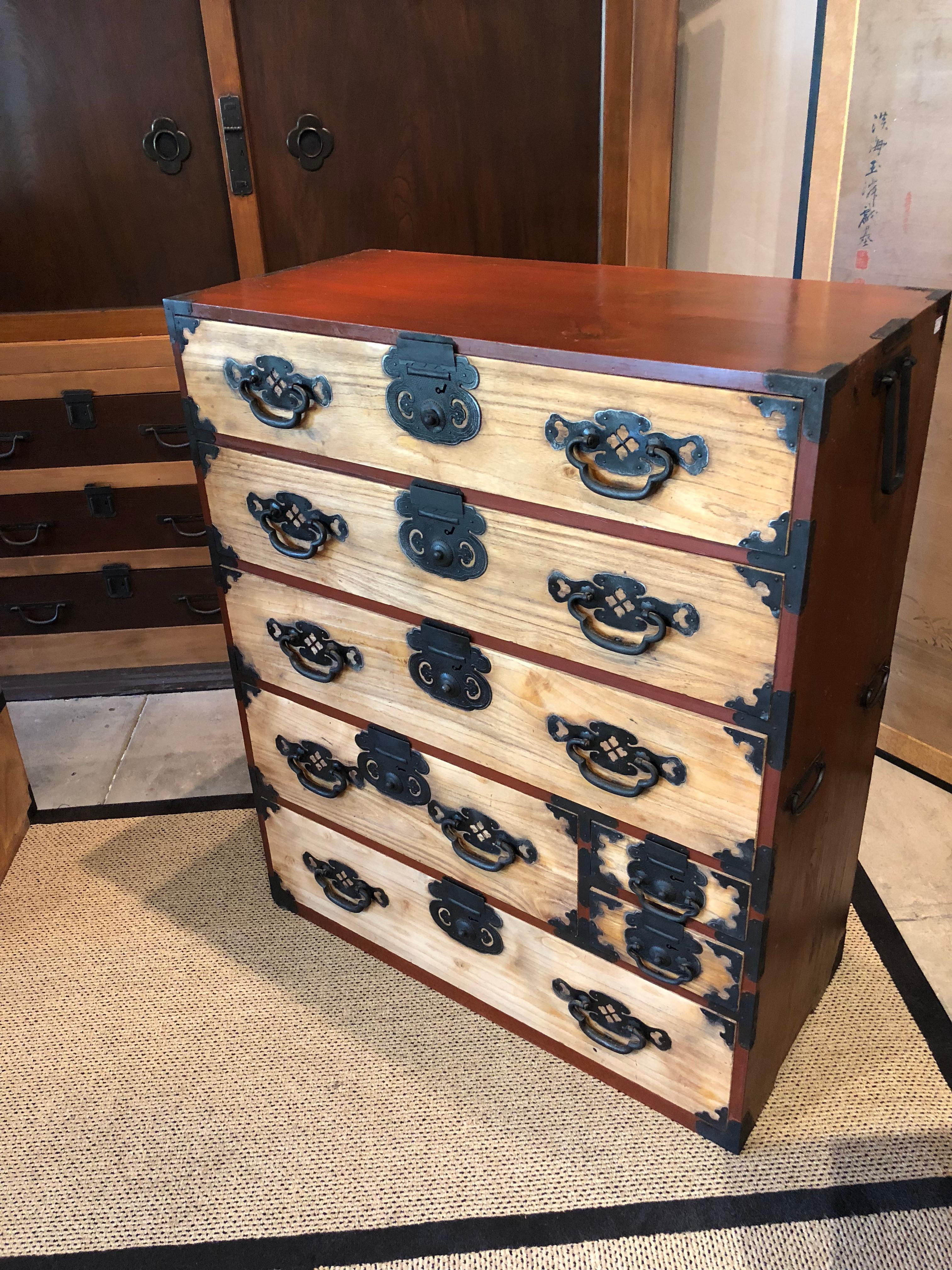 Japanese Tansu Light Wood Kiri Red Black Hardware Chest Side Table Bedside Table 14