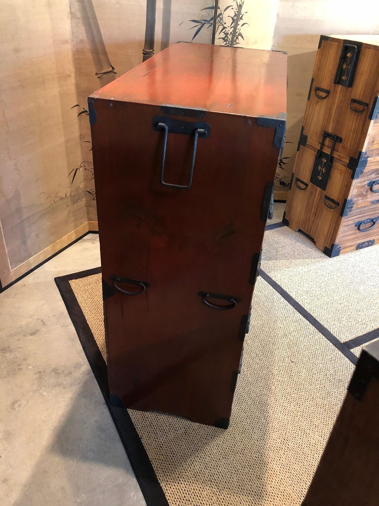 Japanese Tansu Light Wood Kiri Red Black Hardware Chest ...