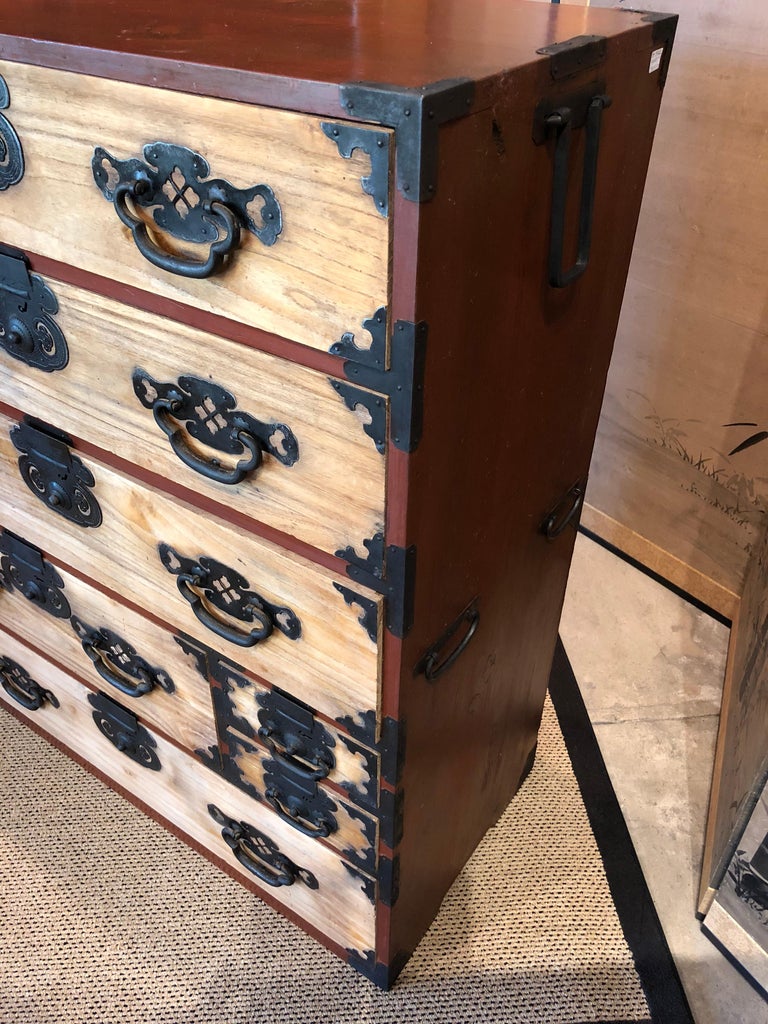 Japanese Tansu Light Wood Kiri Red Black Hardware Chest ...