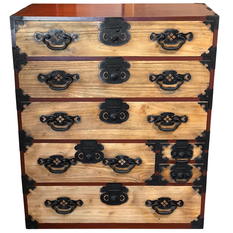 Japanese Tansu Light Wood Kiri Red Black Hardware Chest Side Table