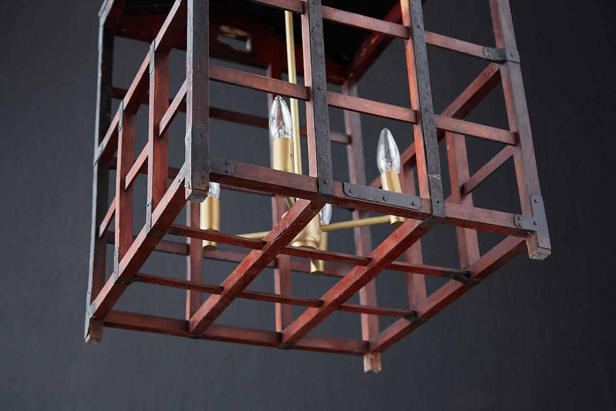 Brass Japanese Tansu Style Wooden Crate Cage Chandeliers For Sale