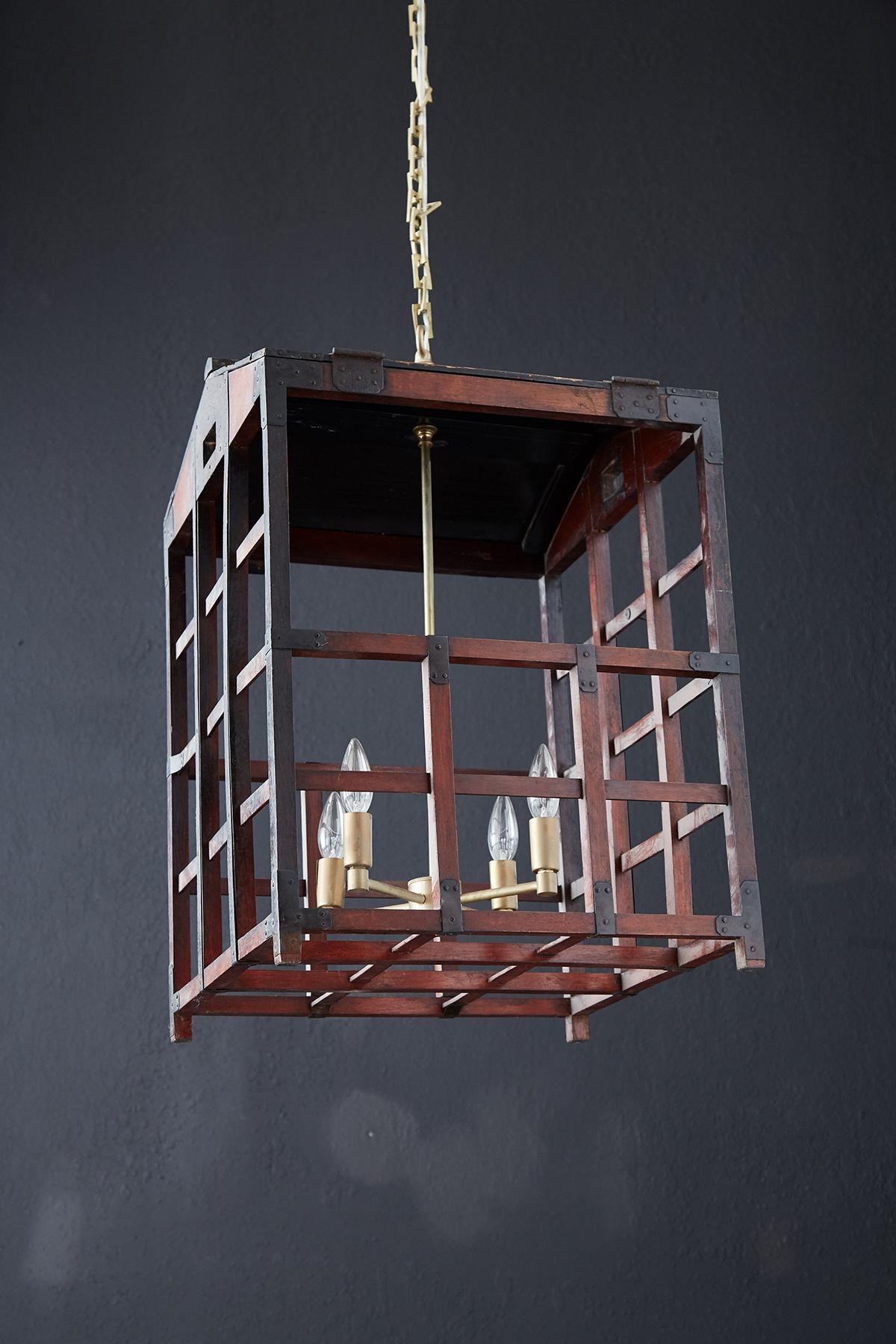 Japanese Tansu Style Wooden Crate Cage Chandeliers For Sale 2