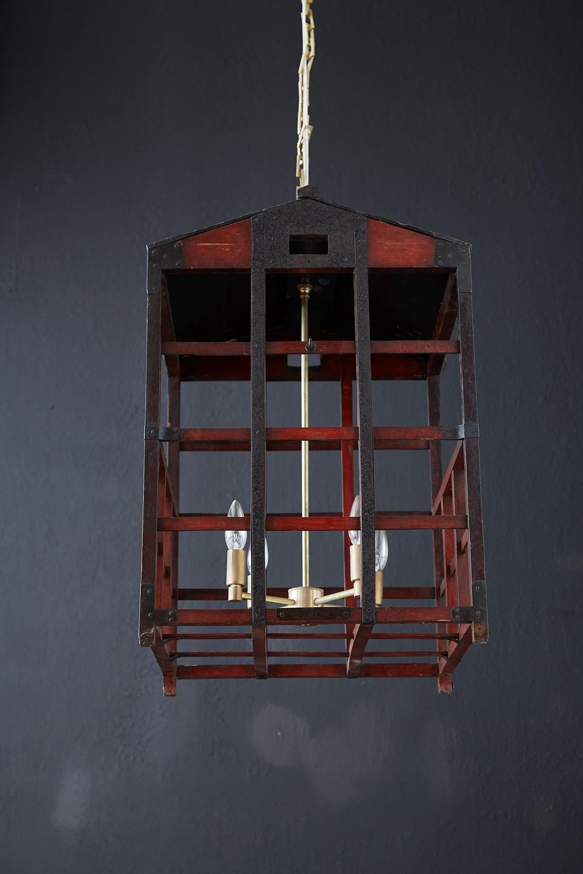 Japanese Tansu Style Wooden Crate Cage Chandeliers For Sale 3