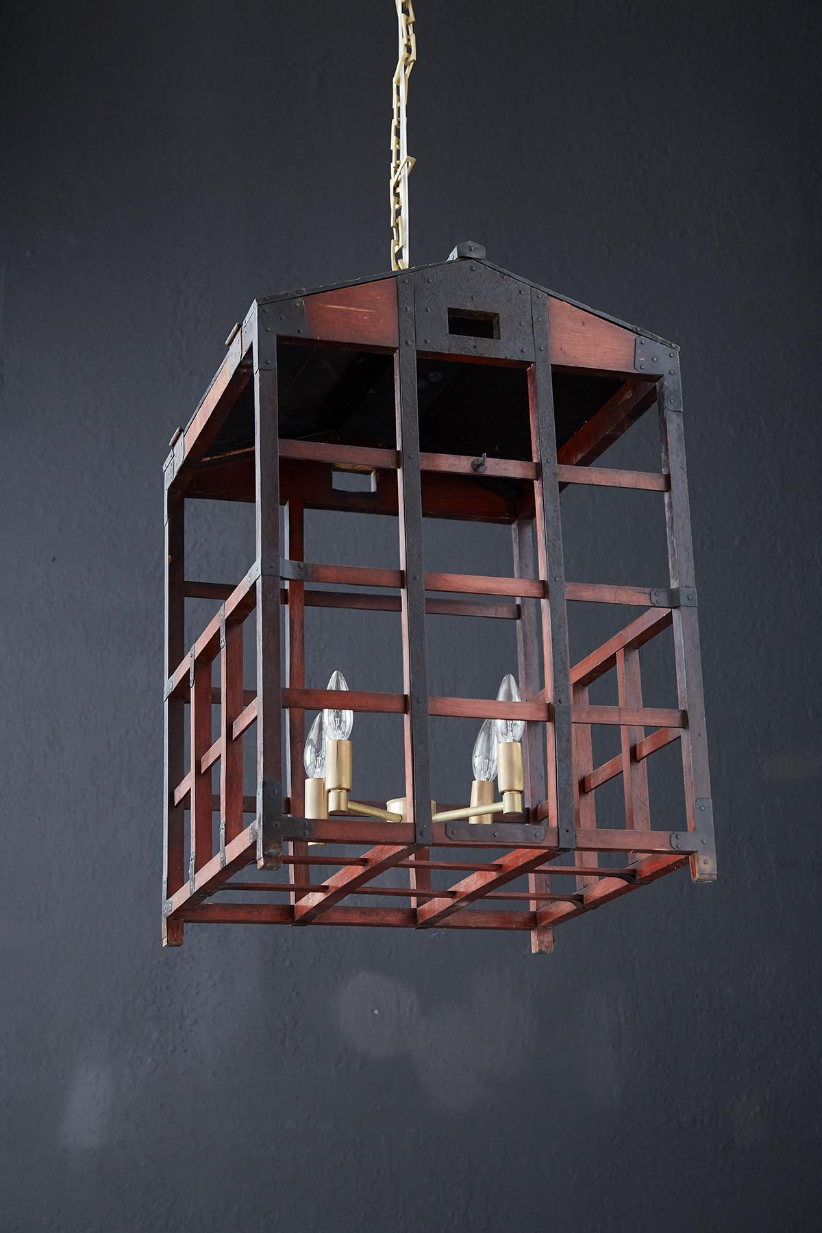 Japanese Tansu Style Wooden Crate Cage Chandeliers For Sale 4