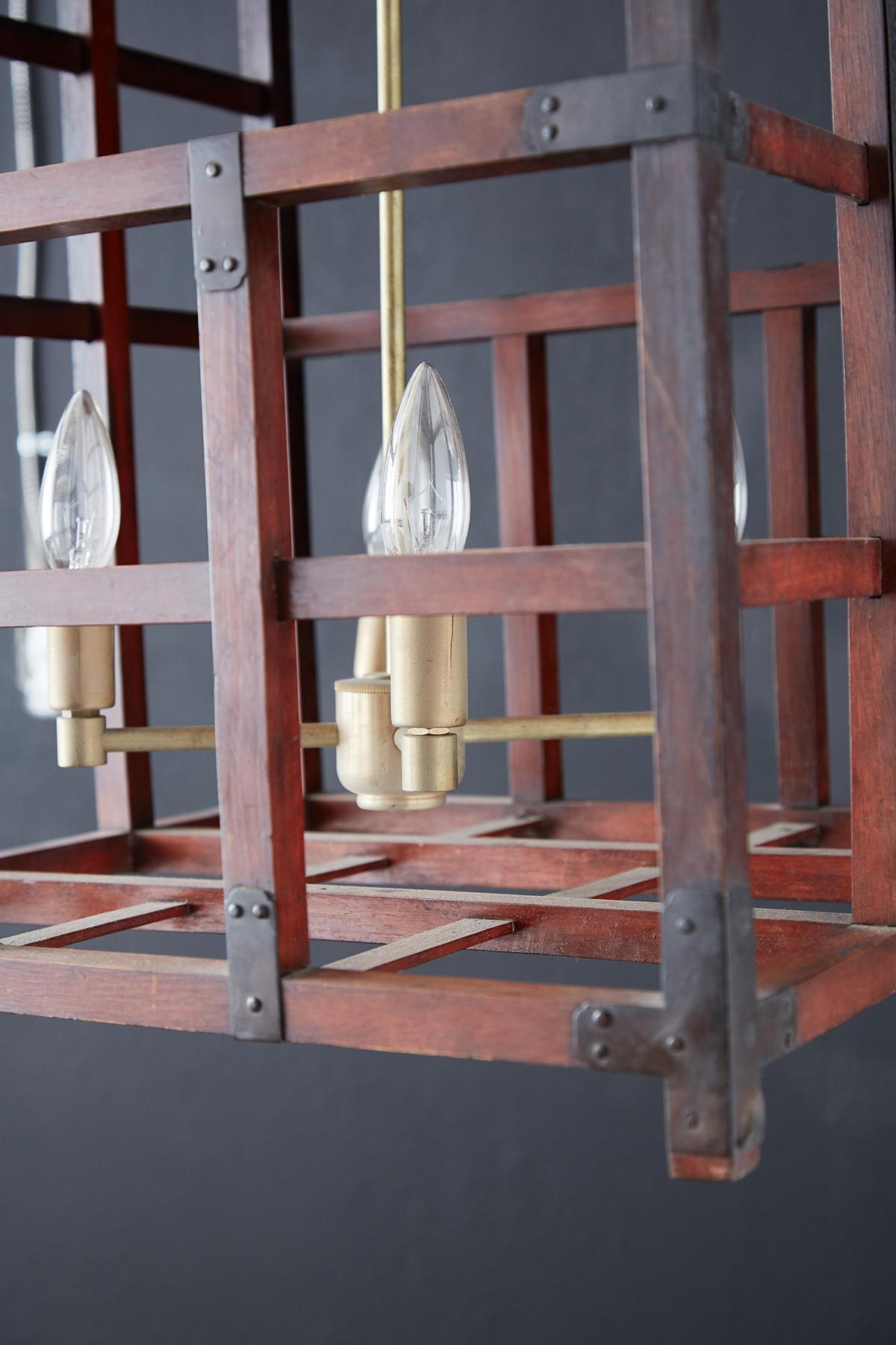 Japanese Tansu Style Wooden Crate Cage Chandeliers For Sale 5