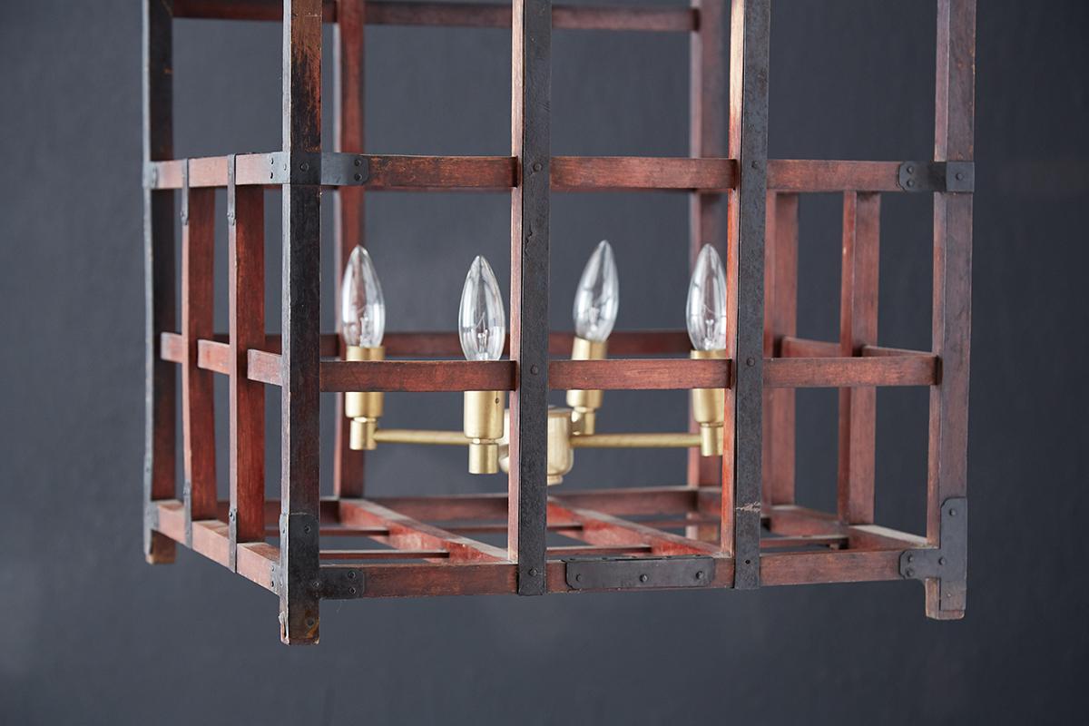 Meiji Japanese Tansu Style Wooden Crate Cage Chandeliers For Sale