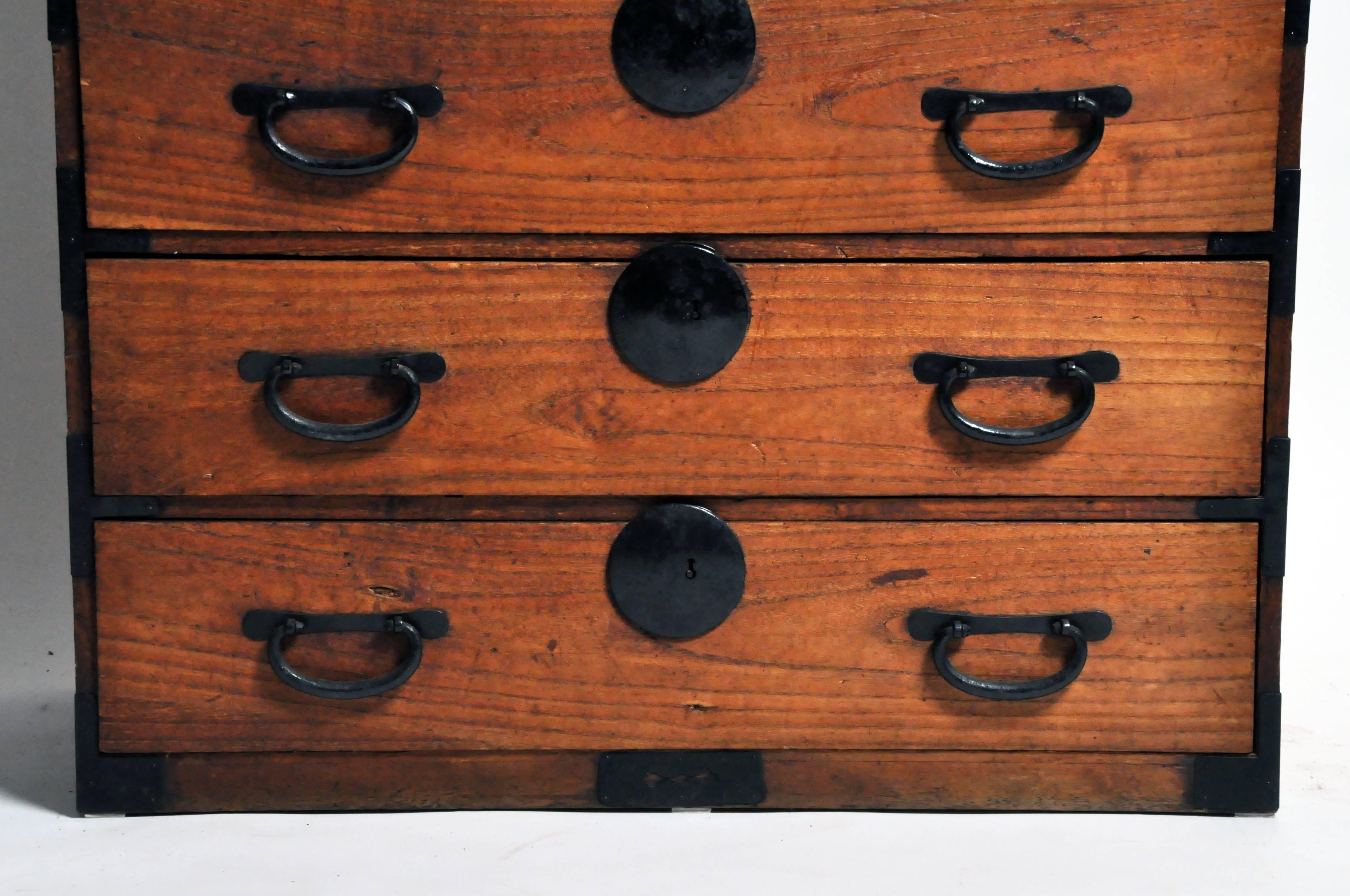 Wood Japanese Tansu with Black Color Hardware