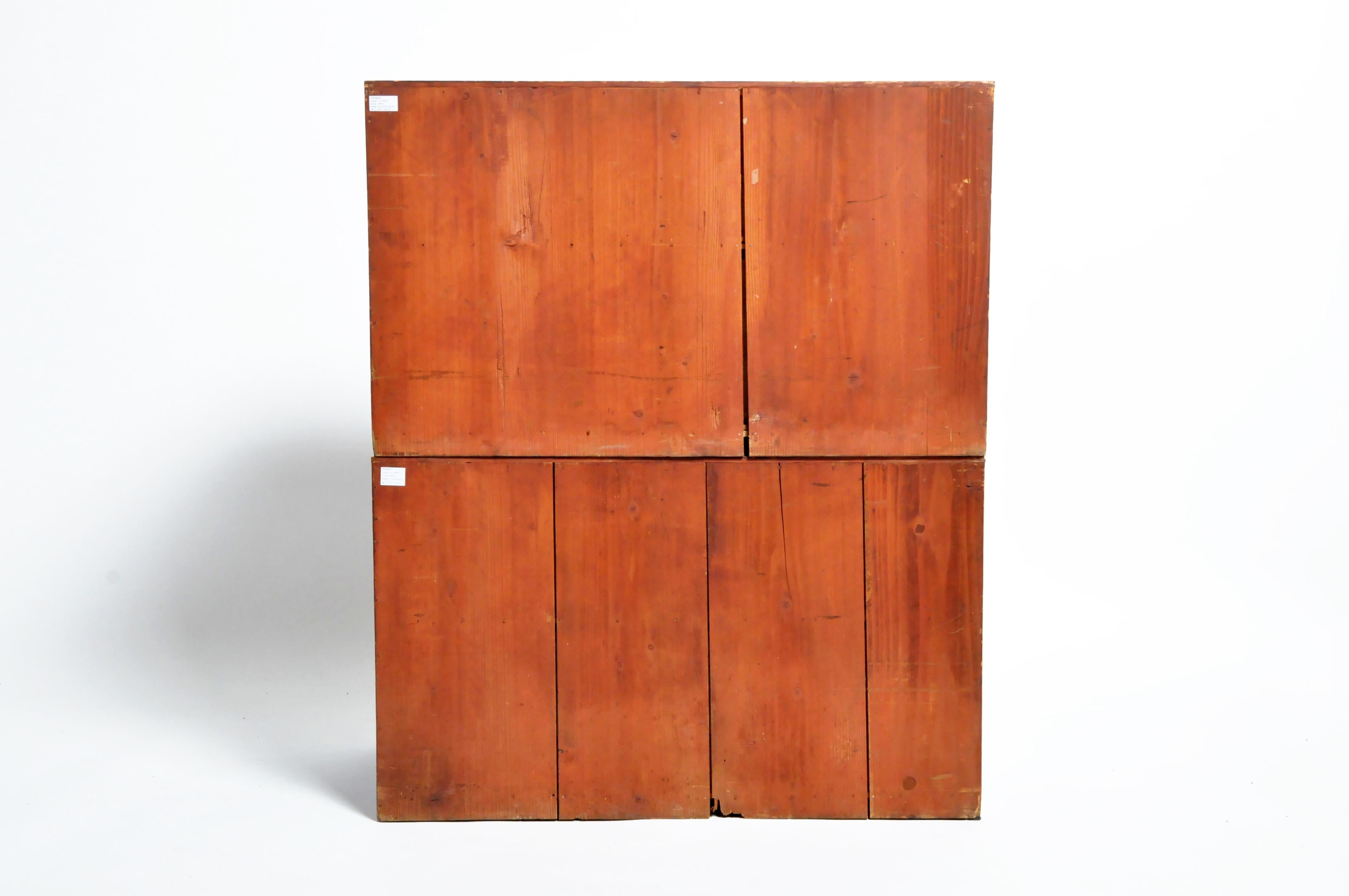This two-part Tansu chest is from Japan and was made from pine wood, circa 1900. The piece features 6 drawers total and can either be stacked on top on one another or separated and used as a nightstand or side table. Wear consistent with age and use.