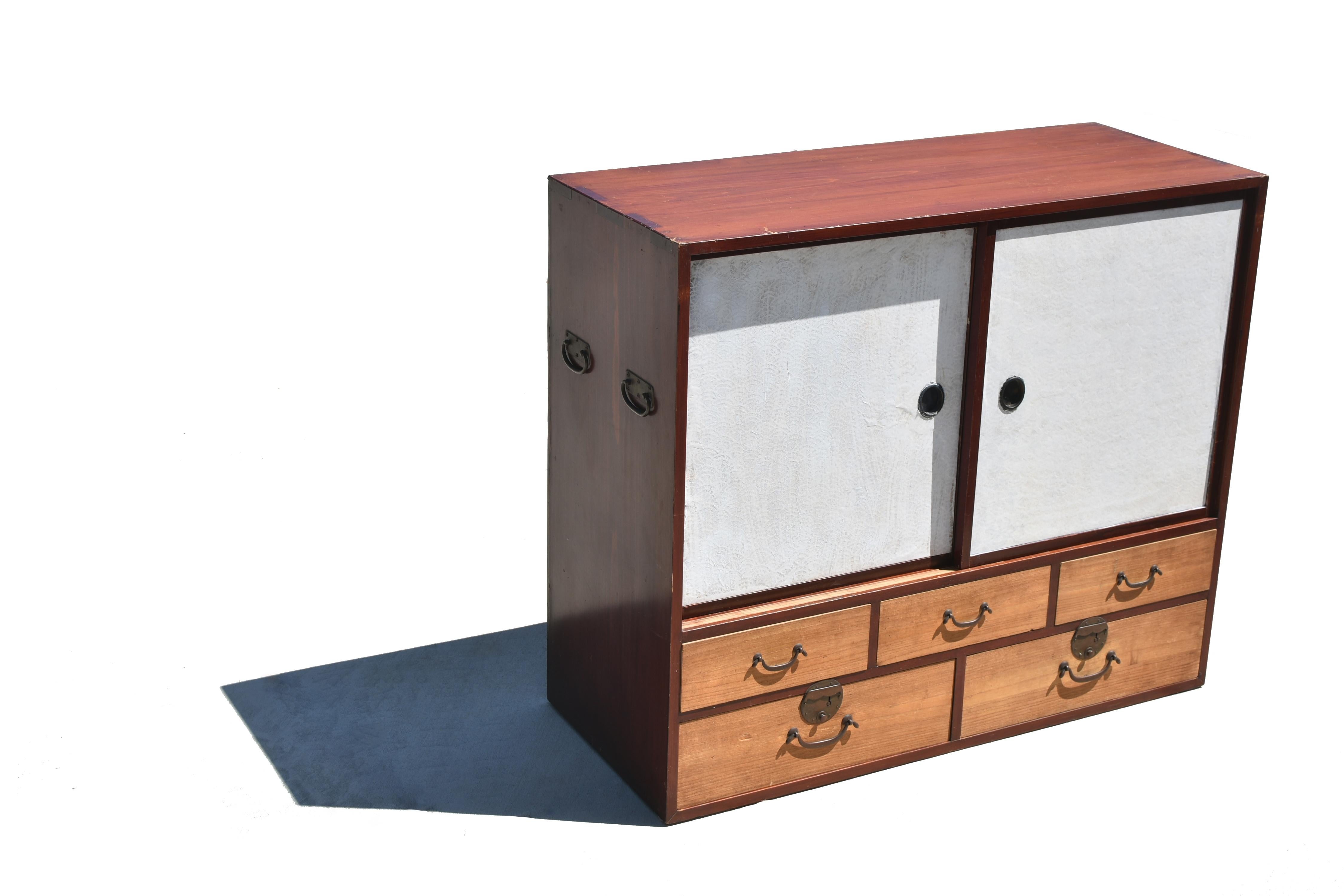 Hand-Crafted Japanese Tansu with White Sliding Doors For Sale
