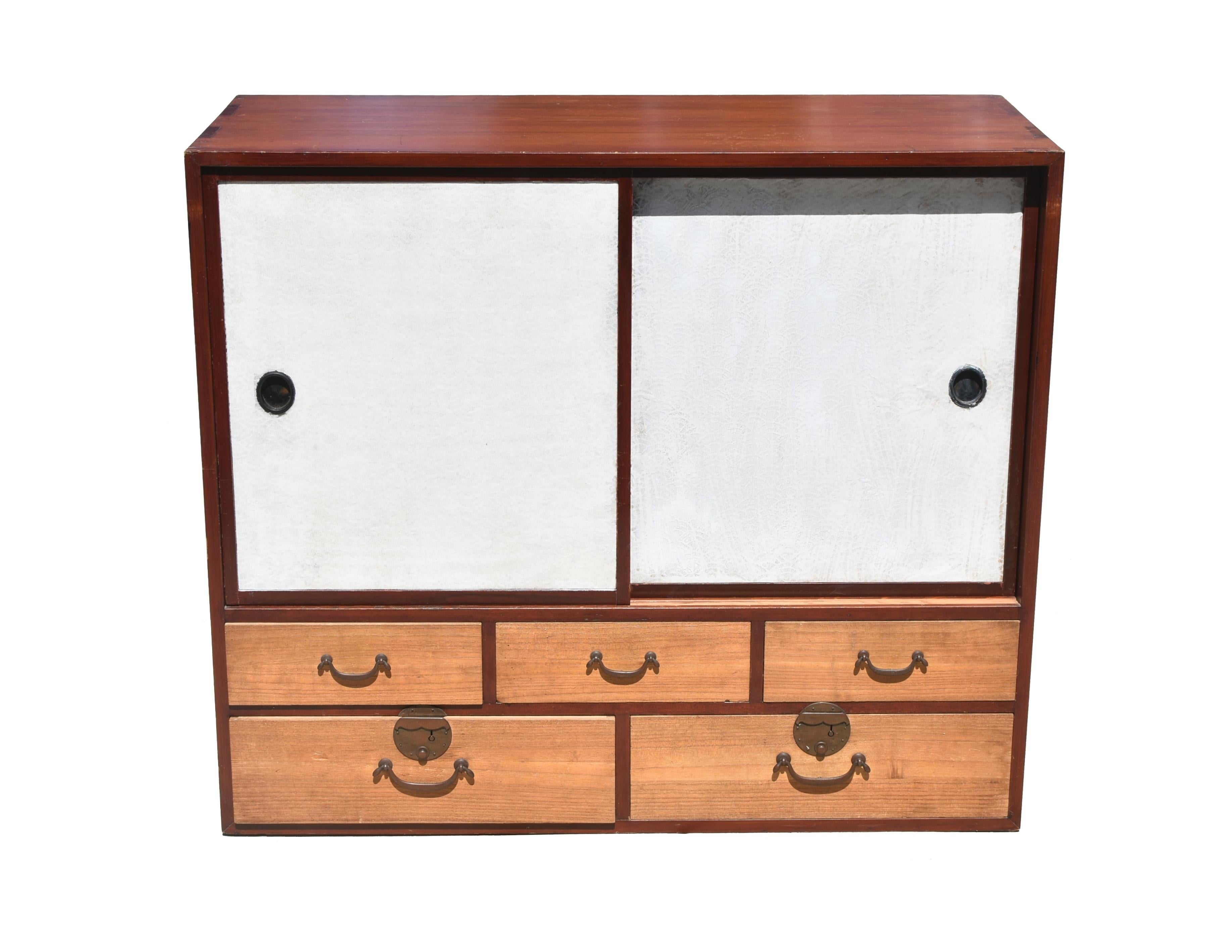 Bamboo Japanese Tansu with White Sliding Doors For Sale