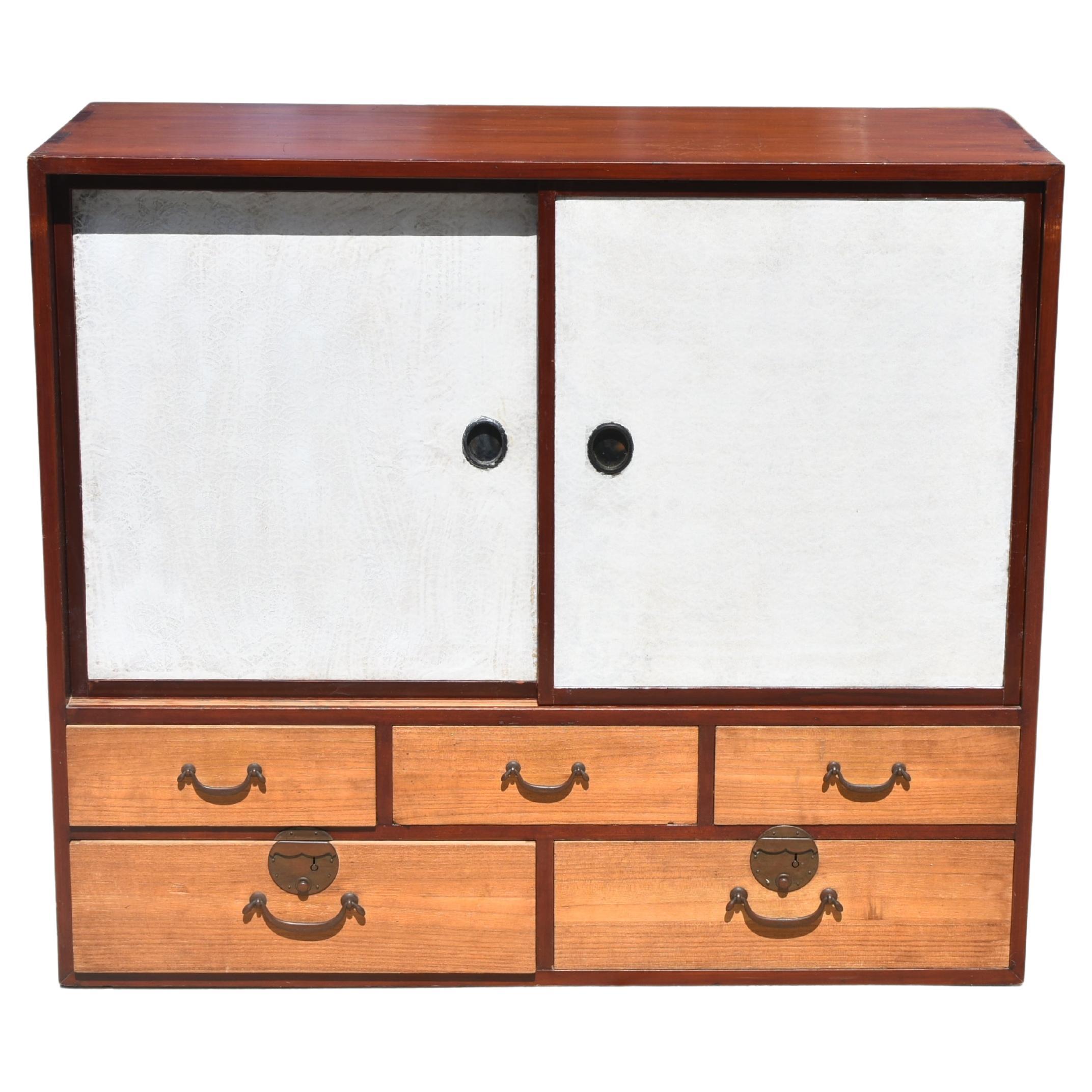 Japanese Tansu with White Sliding Doors For Sale