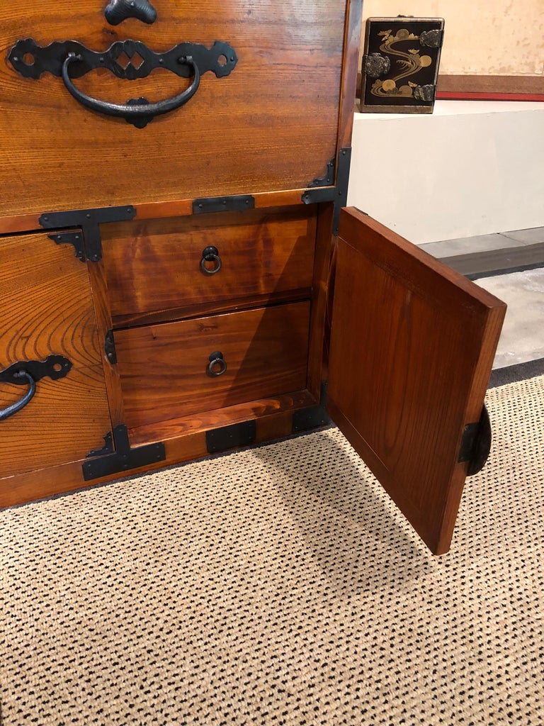 Japanese Tansu Wood Kiri Iron Turtle Crane Hardware Chest Side Table