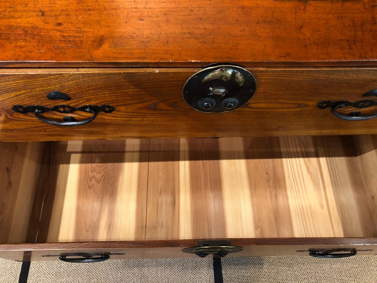 Japanese Tansu Wood Kiri Iron Turtle Crane Hardware Chest Side Table Bedside
