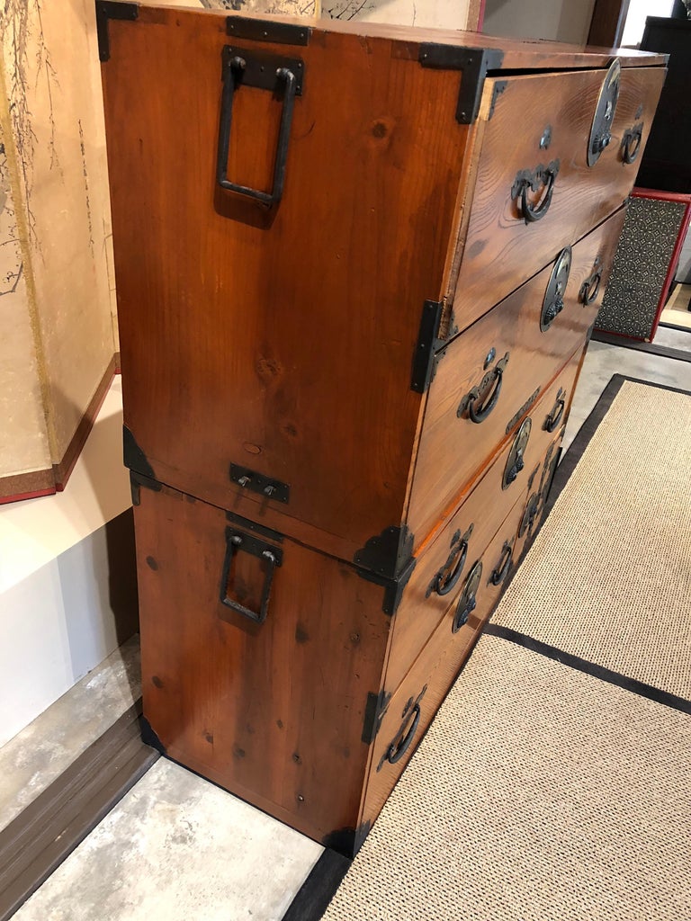 Japanese Tansu Wood Kiri Iron Turtle Crane Hardware Chest Side Table