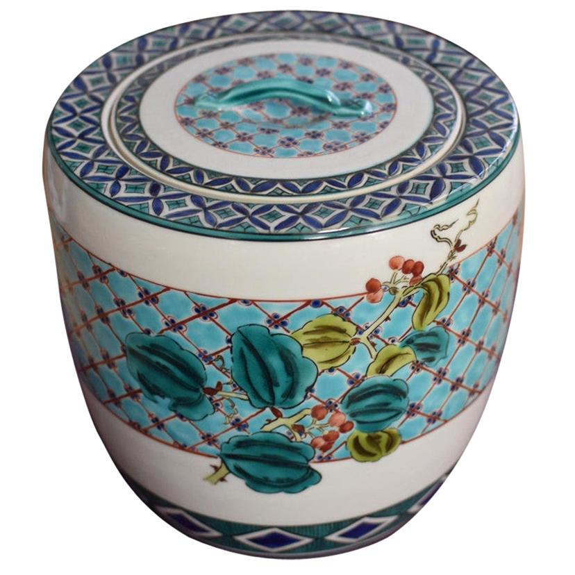 Japanese Green Blue Tea Ceremony Mizusashi Water Jar by Master Porcelain Artist For Sale