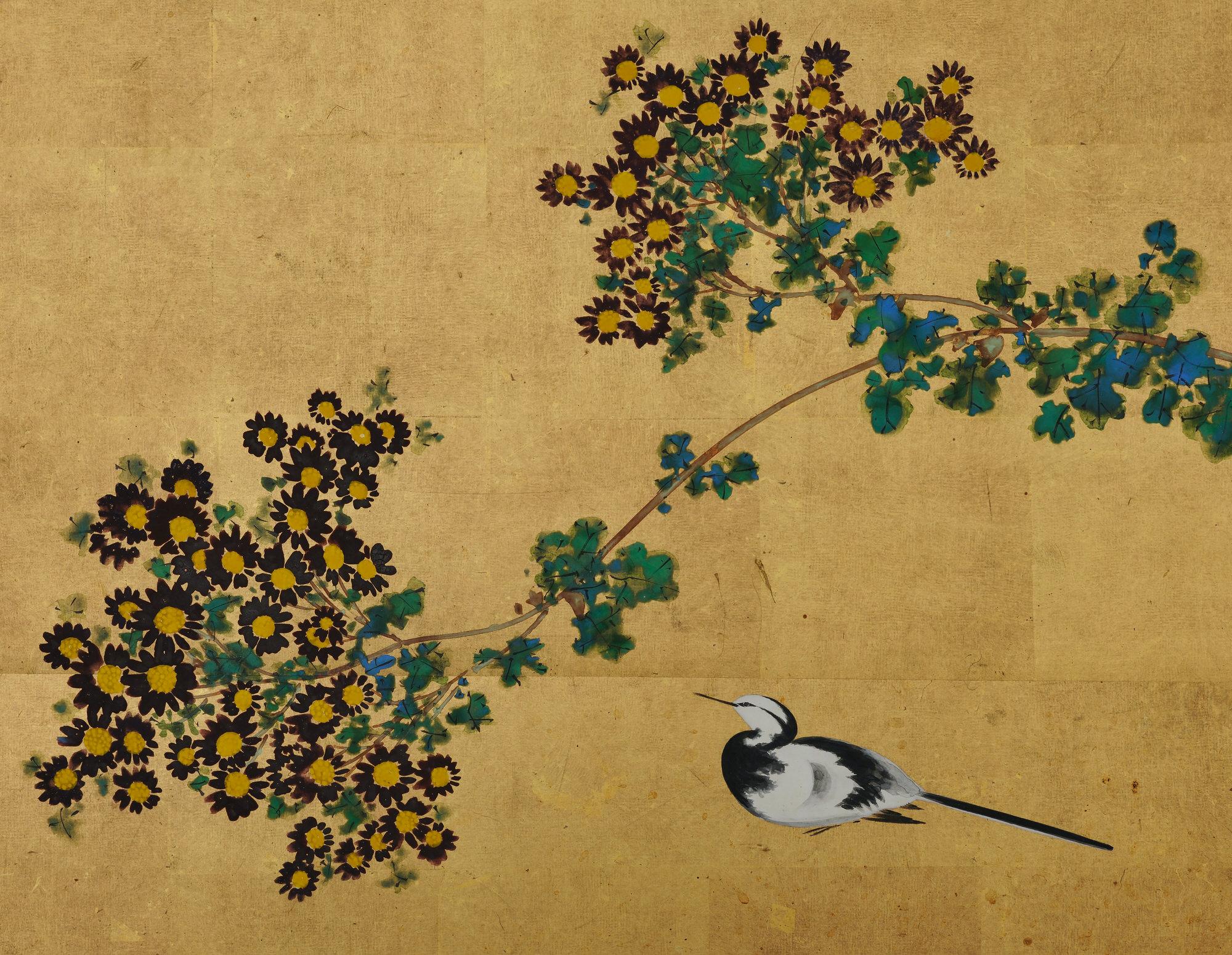 Ishizaki Koyo (1884-1947)

Wagtail & Chrysanthemum

Early 20th century

Folding screen in two-panels. Ink, pigments and gofun on gold leaf.

Sign: Koyo

Seal: Koyo

This small two-panel folding screen (furosaki byobu), was made for use