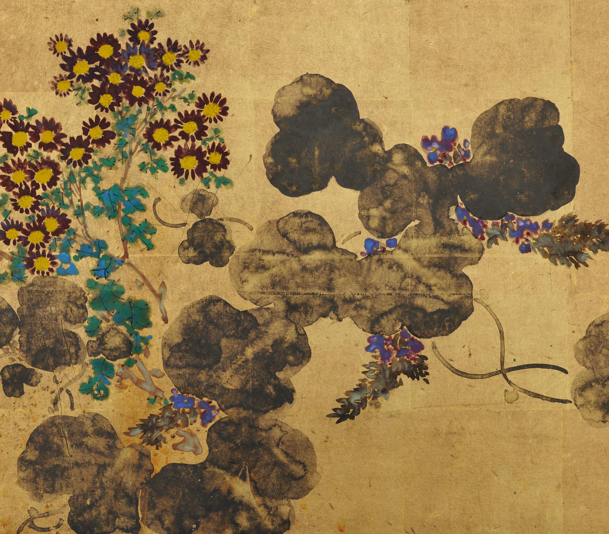 Taisho Japanese Screen, Early 20th Century Wagtail & Chrysanthemum by Ishizaki Koyo  For Sale