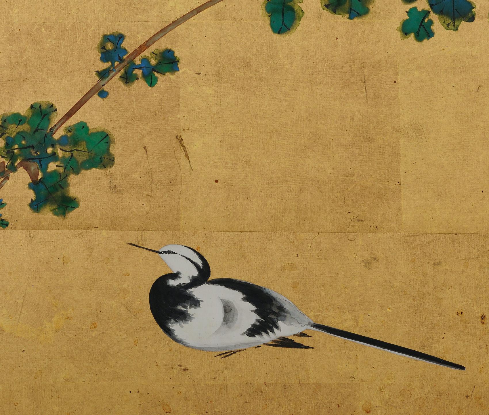Japanese Screen, Early 20th Century Wagtail & Chrysanthemum by Ishizaki Koyo  In Good Condition For Sale In Kyoto, JP