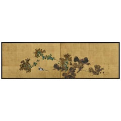 Vintage Japanese Screen, Early 20th Century Wagtail & Chrysanthemum by Ishizaki Koyo 