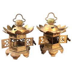 Antique Japanese Tea Garden Gilt Gold "Lotus Flower" Lanterns Pair, Handsome