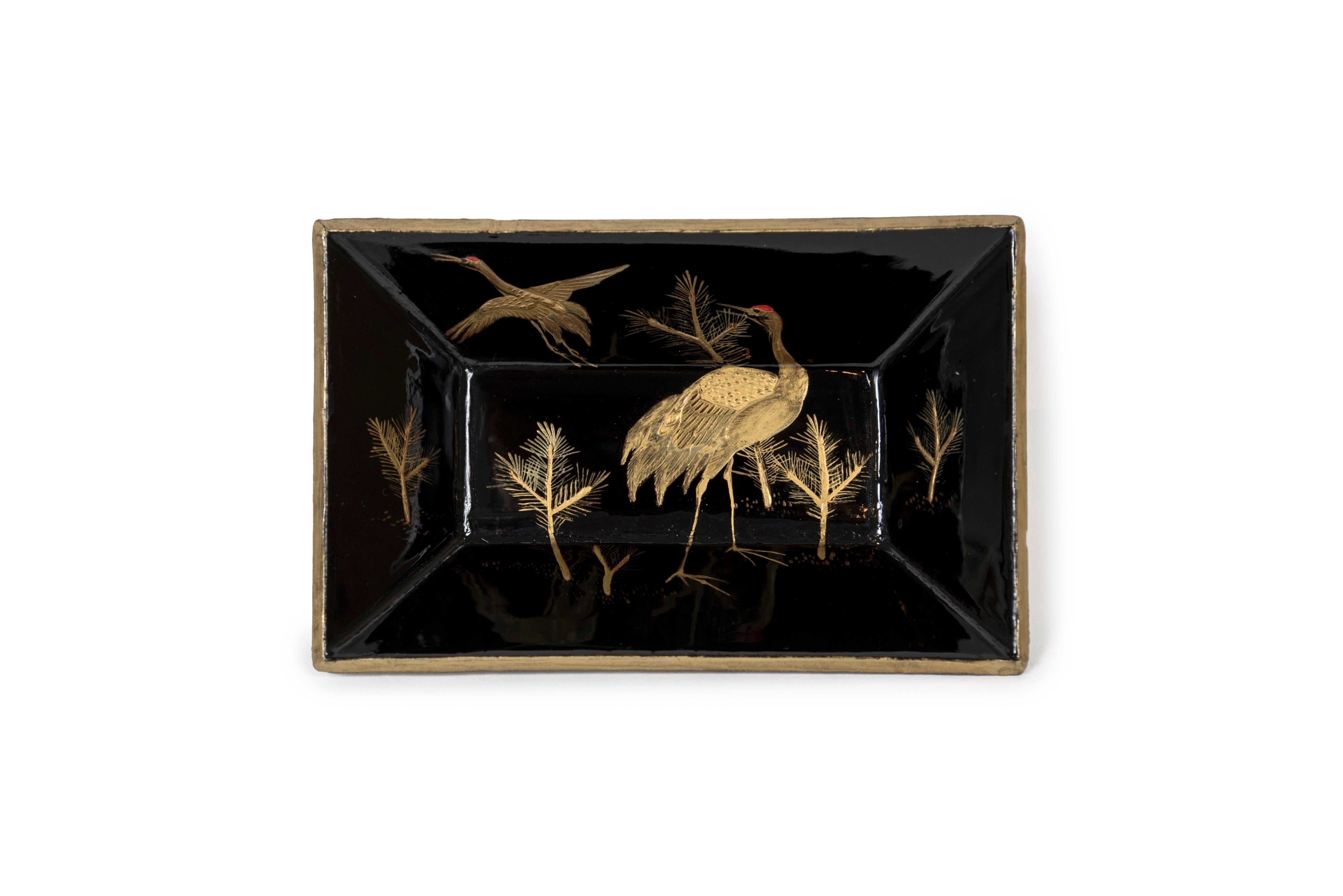 Maison de thé japonaise en rankanku ou laque coquille d'œuf avec un décor de Crane d'or en vente 6