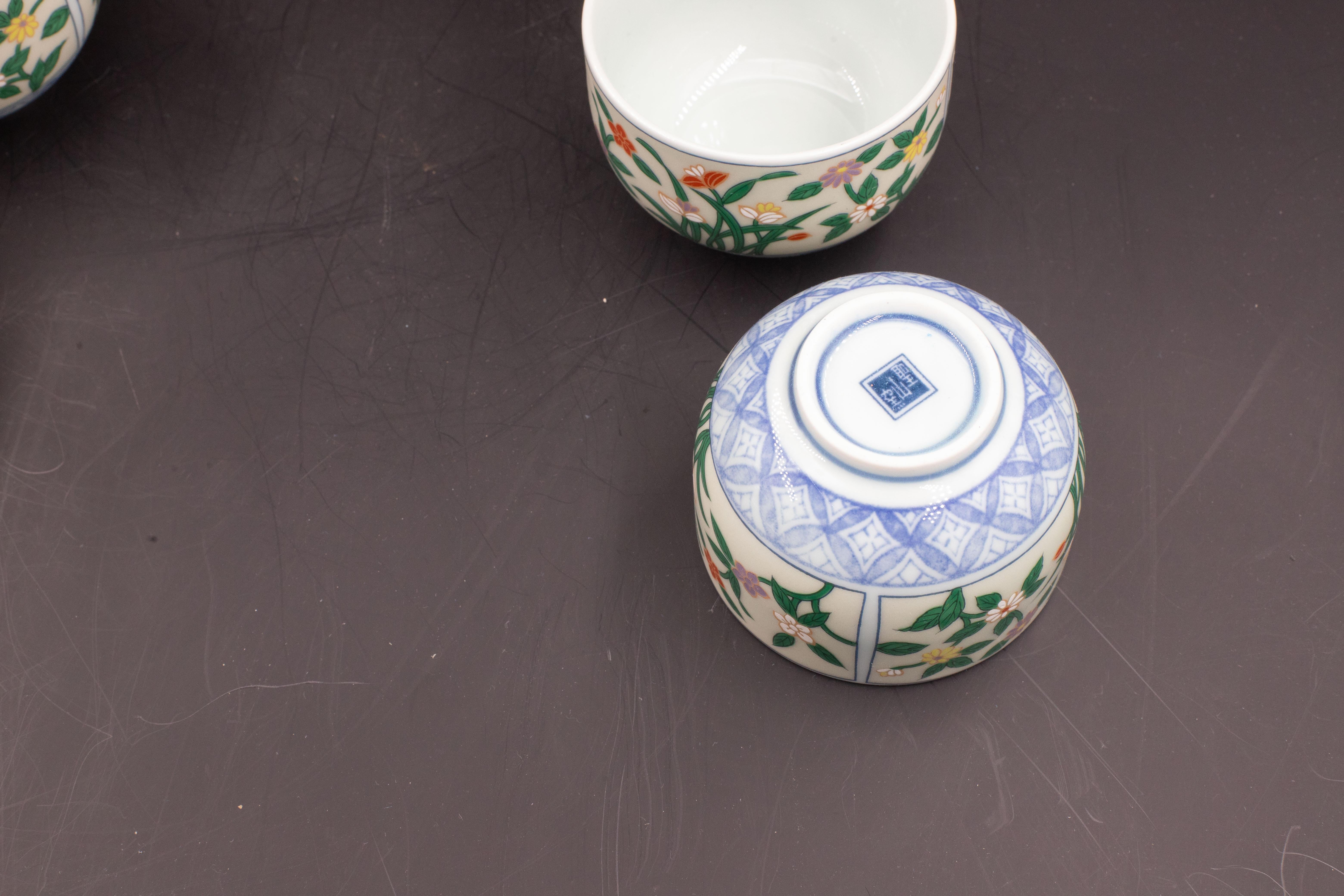 Japanese tea set tea pot strainer cups set of 6 hand painted celadon For Sale 4